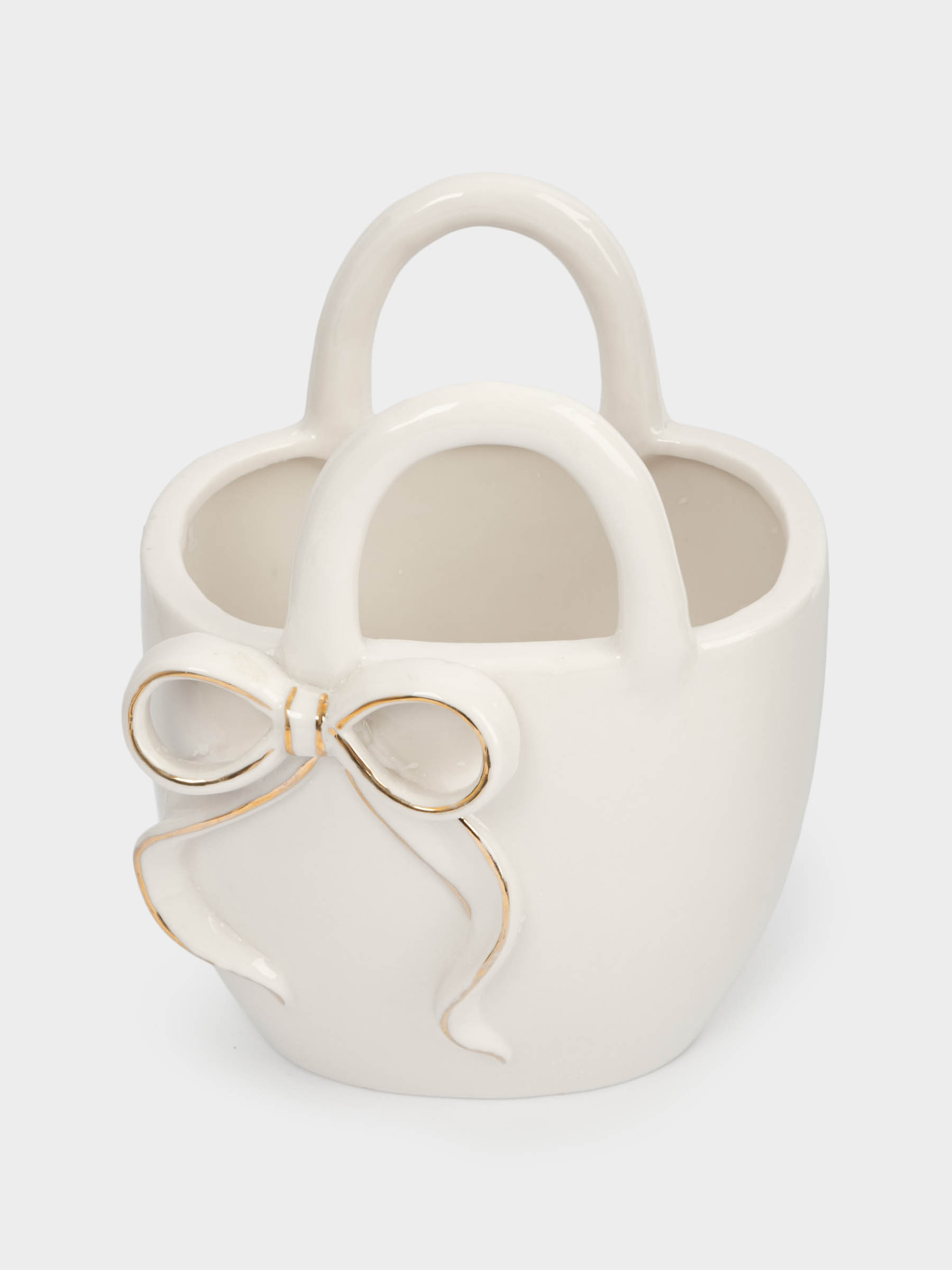 Ваза для цветов, 16 см, декоративная, фарфор P, бело-золотистая, Сумка с бантом, Townlet