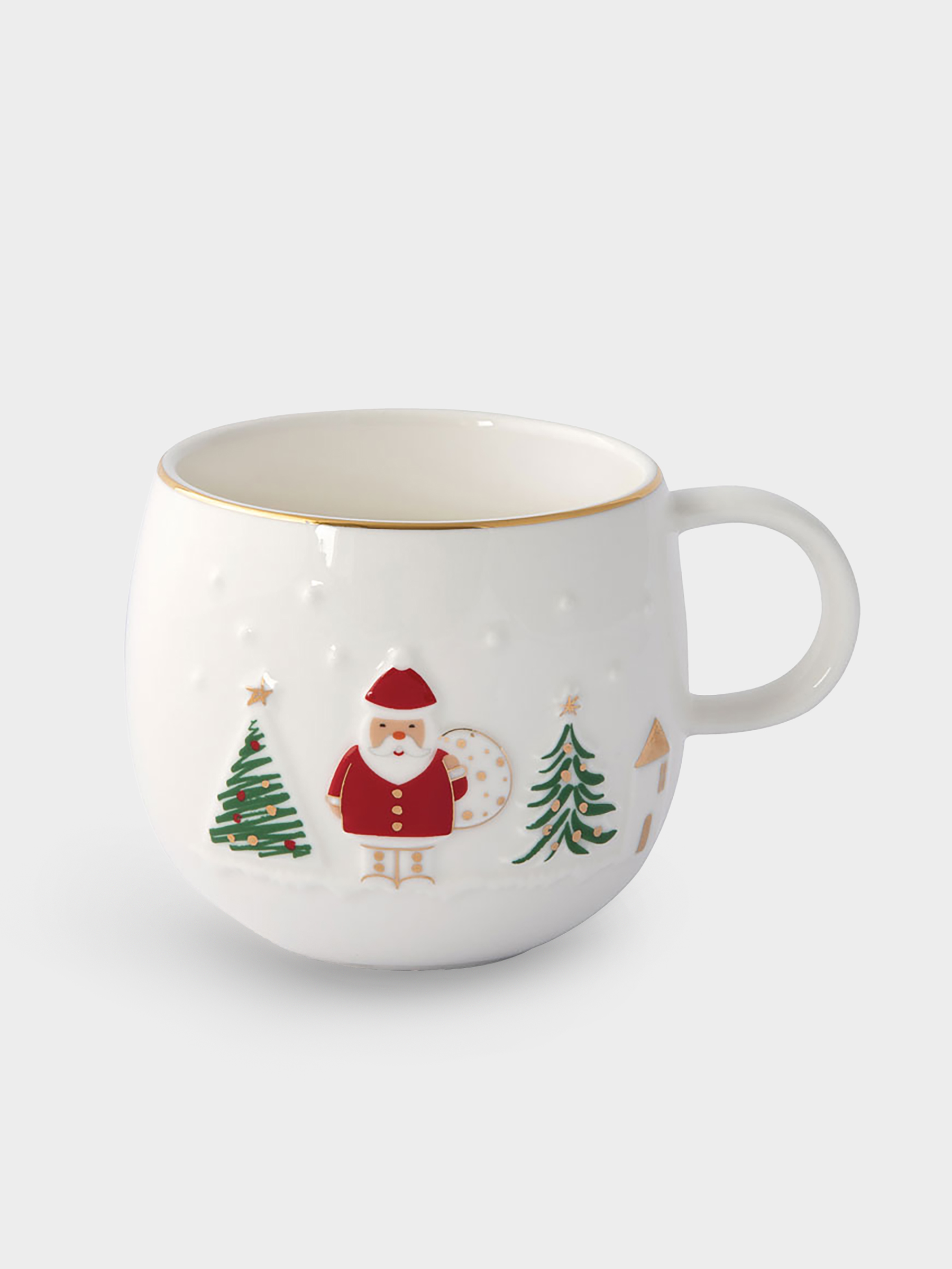 Кружка, 400 мл, фарфор P, белая, с золотым кантом, Дед Мороз, Let It Snow