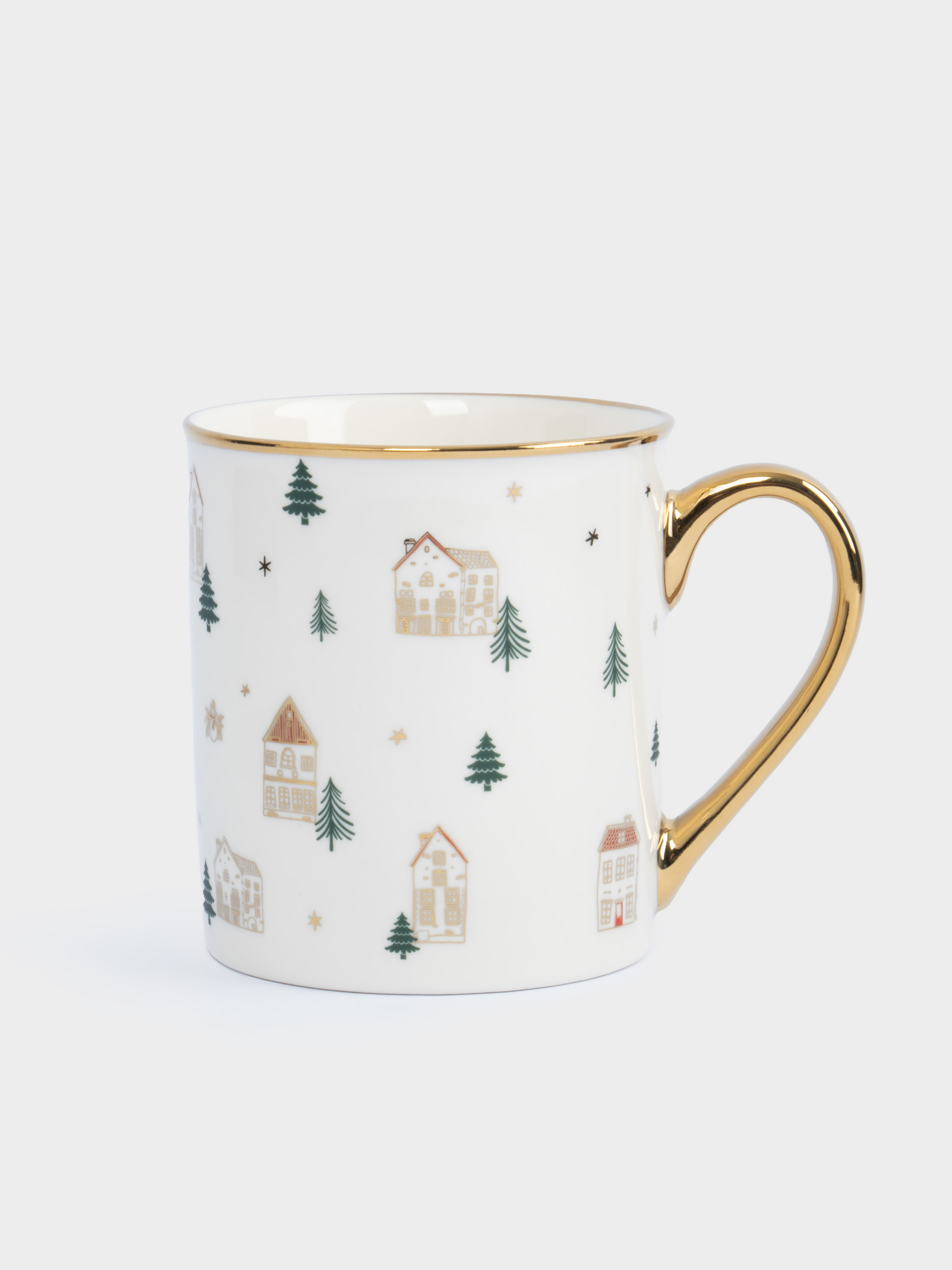 Кружка, 300 мл, фарфор N, бело-золотистая, Домики и ели, Townlet