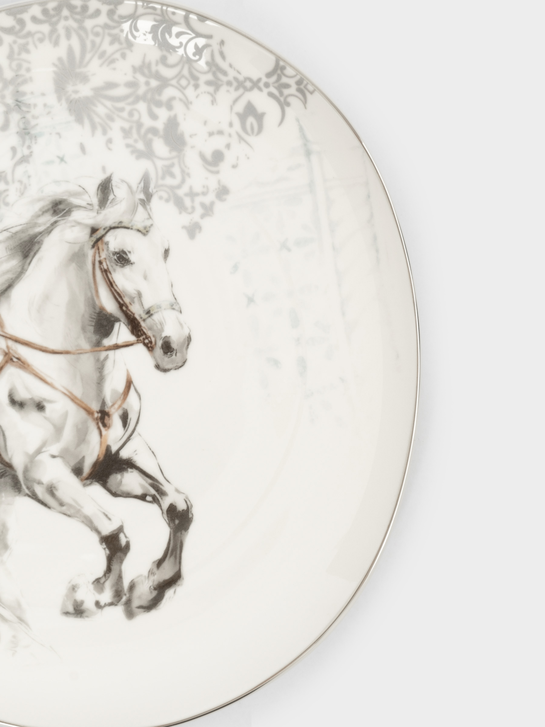 Тарелка закусочная, 21 см, фарфор N, белая, с серебристым кантом, Конь, White horse