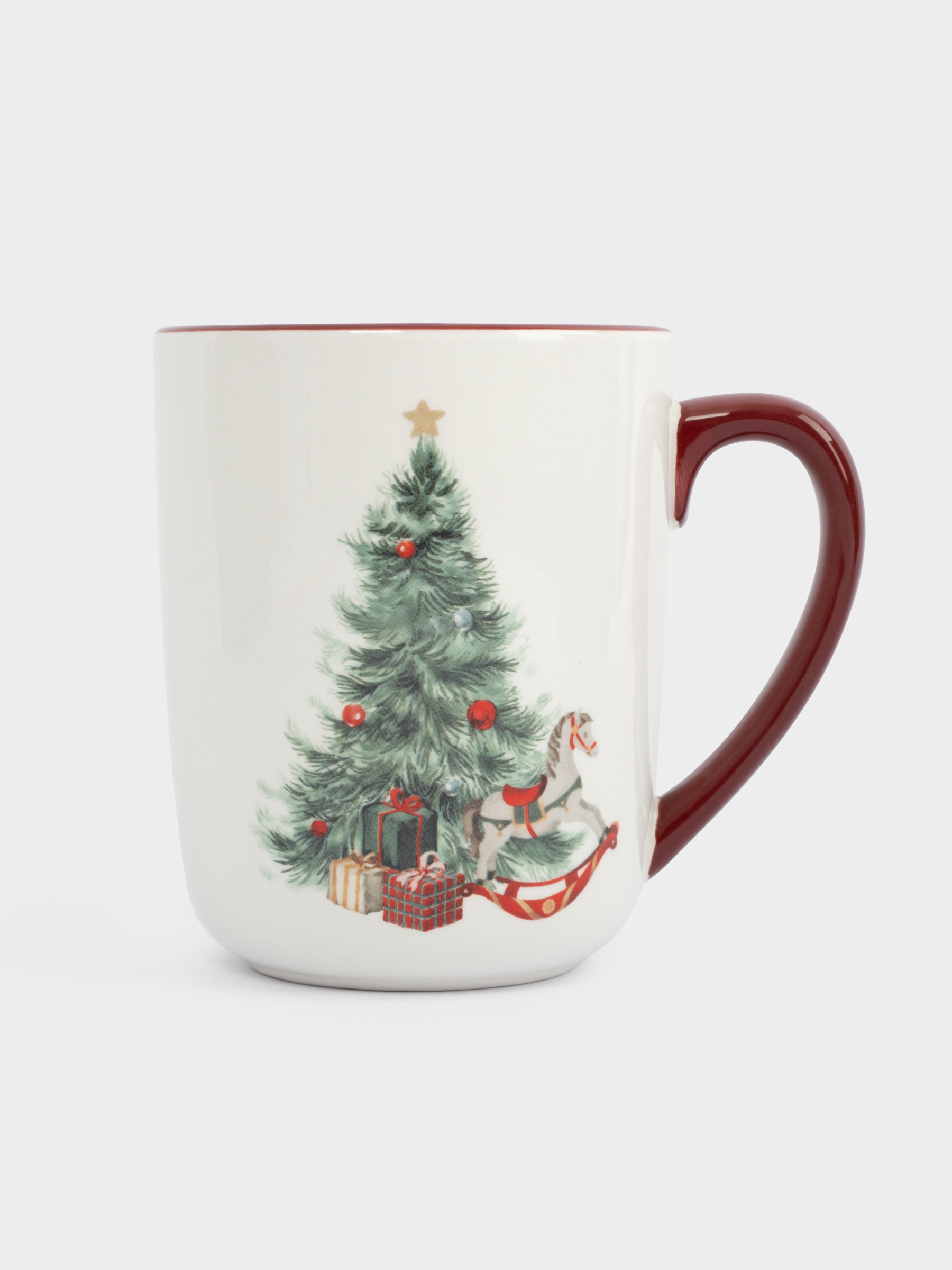 Кружка, 540 мл, керамика, красная, Лошадка у елки, Festival