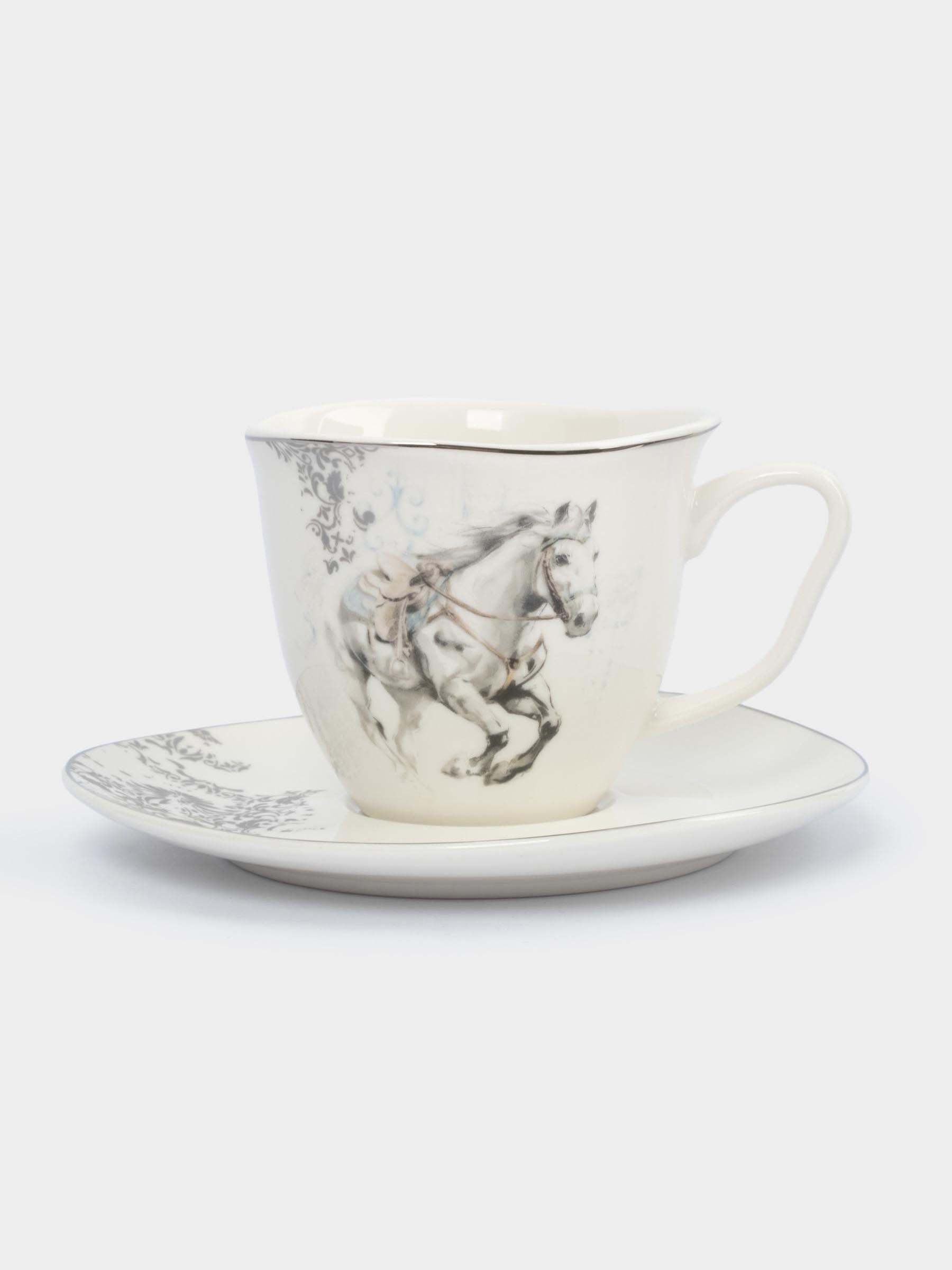 Пара чайная, 1 перс, 2 пр, 250 мл, фарфор N, белая, с серебристым кантом, Конь, White horse