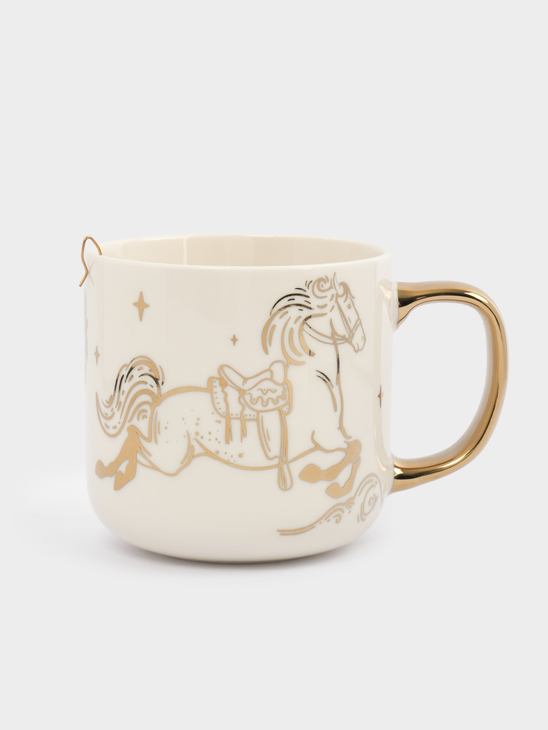 Кружка, 400 мл, с ситом для заваривания, фарфор N/сталь, золотистая, Лошадь/Звезда, Horse