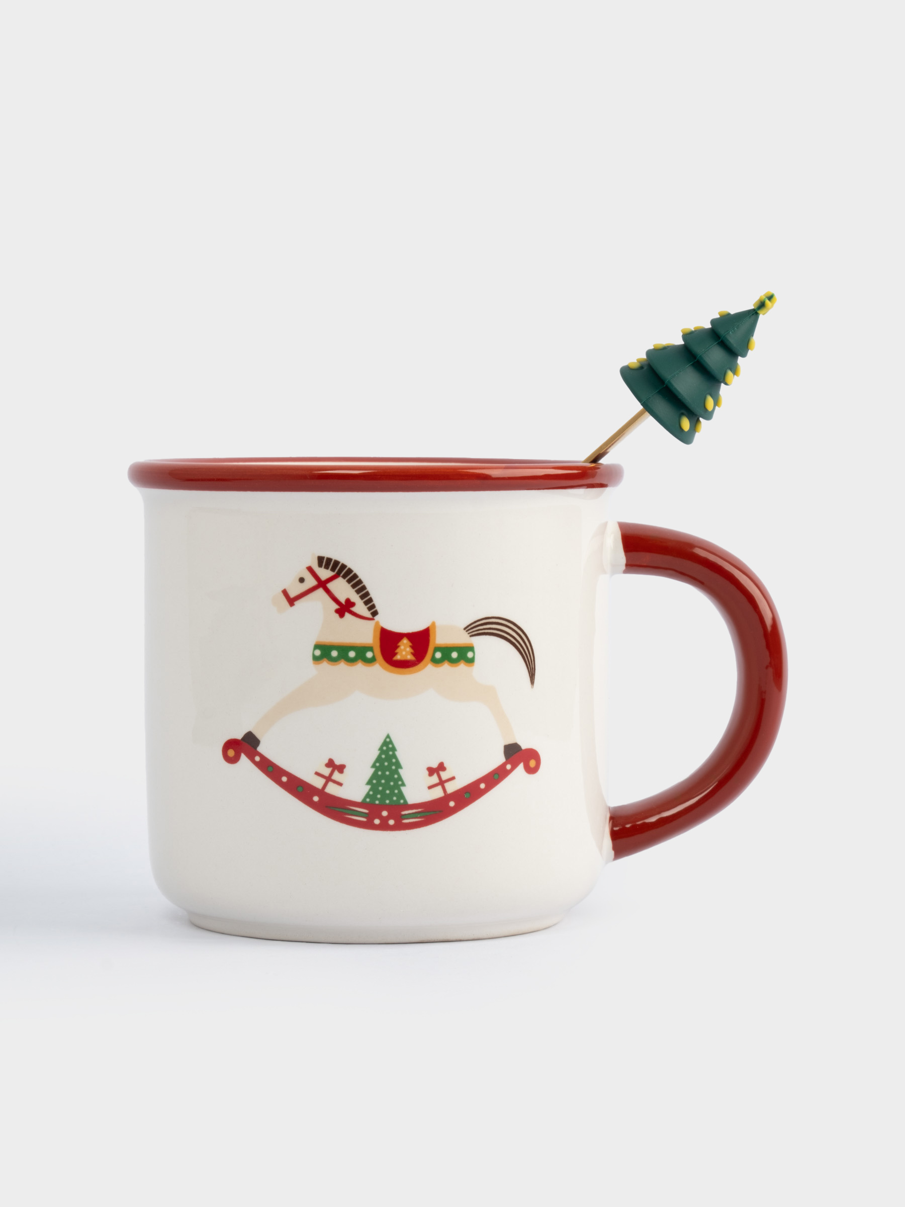 Кружка, 470 мл, с ложкой, керамика/сталь, красная, Елка/Лошадка-качалка, Bright horse