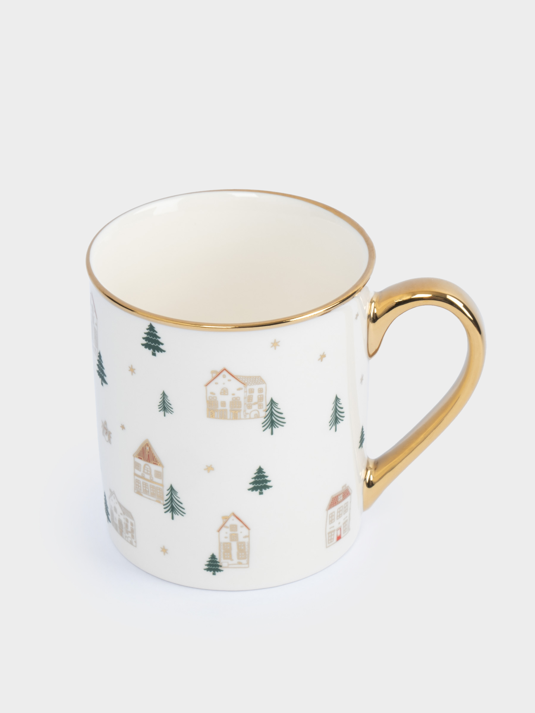 Кружка, 300 мл, фарфор N, бело-золотистая, Домики и ели, Townlet