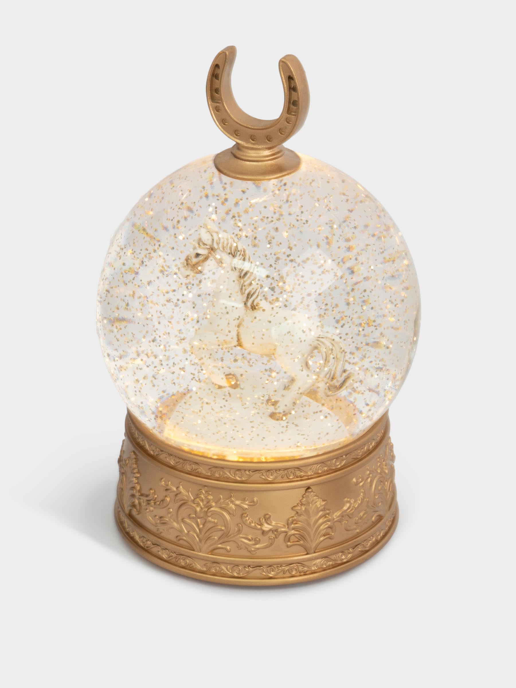 Снежный фонарь, 18 см, с подсветкой, пластик, золотистый, Лошадь в шаре, Horse