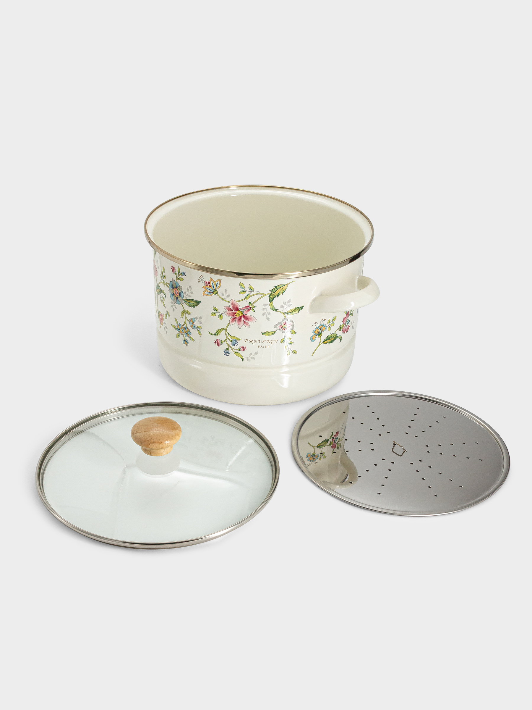 Кастрюля, 24 см, 6.5 л, со вставкой-пароваркой, эмалированная, с крышкой стеклянной, Прованс