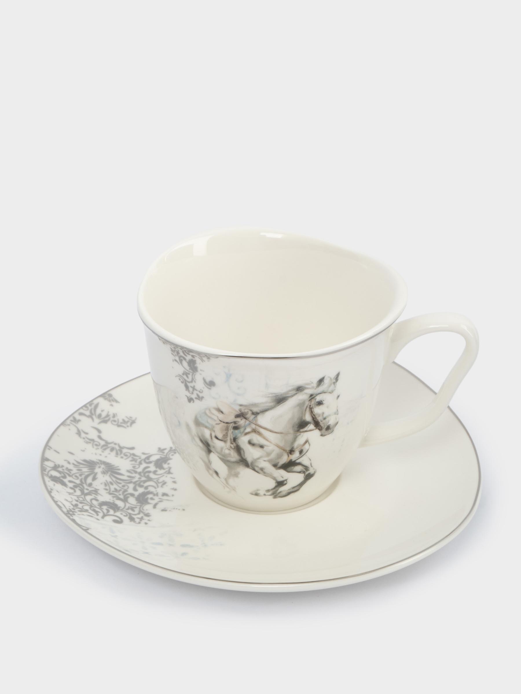 Пара чайная, 1 перс, 2 пр, 250 мл, фарфор N, белая, с серебристым кантом, Конь, White horse
