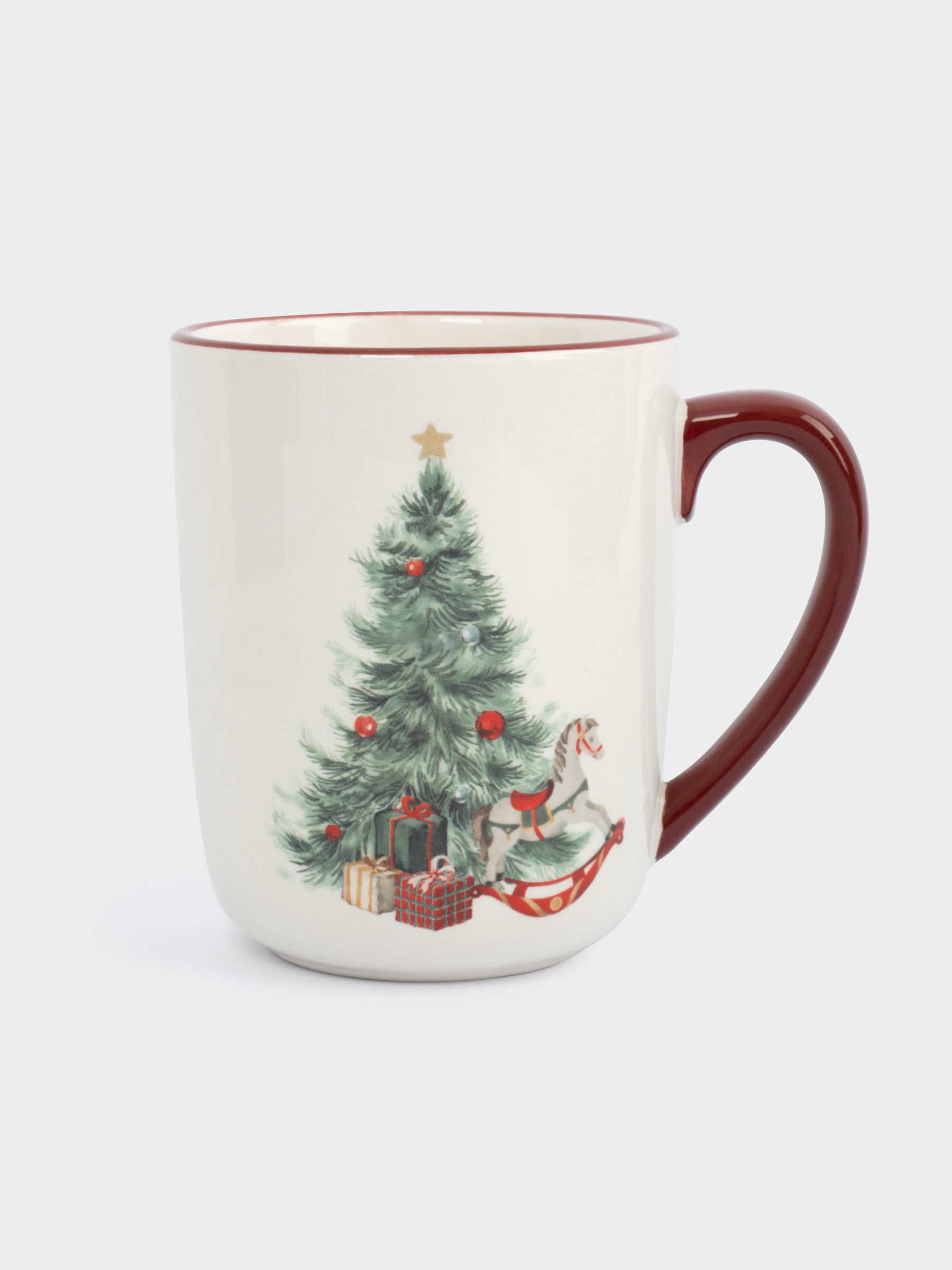 Кружка, 540 мл, керамика, красная, Лошадка у елки, Festival