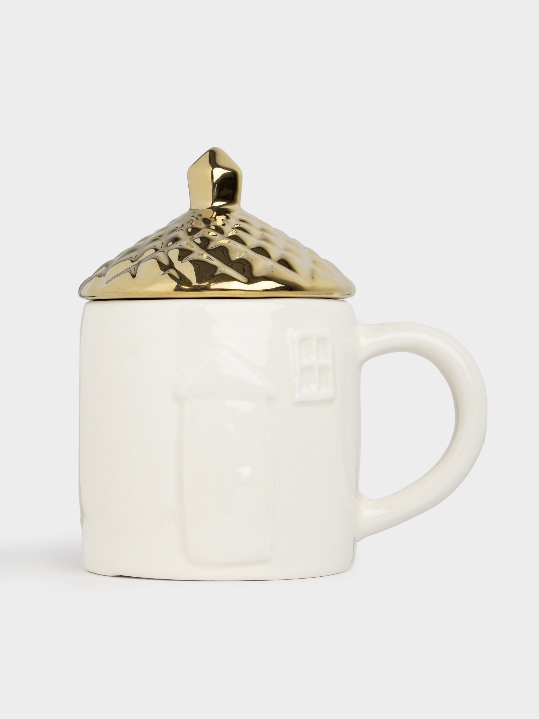 Кружка, 400 мл, с крышкой, керамика, молочно-золотистая, Дом, Townlet