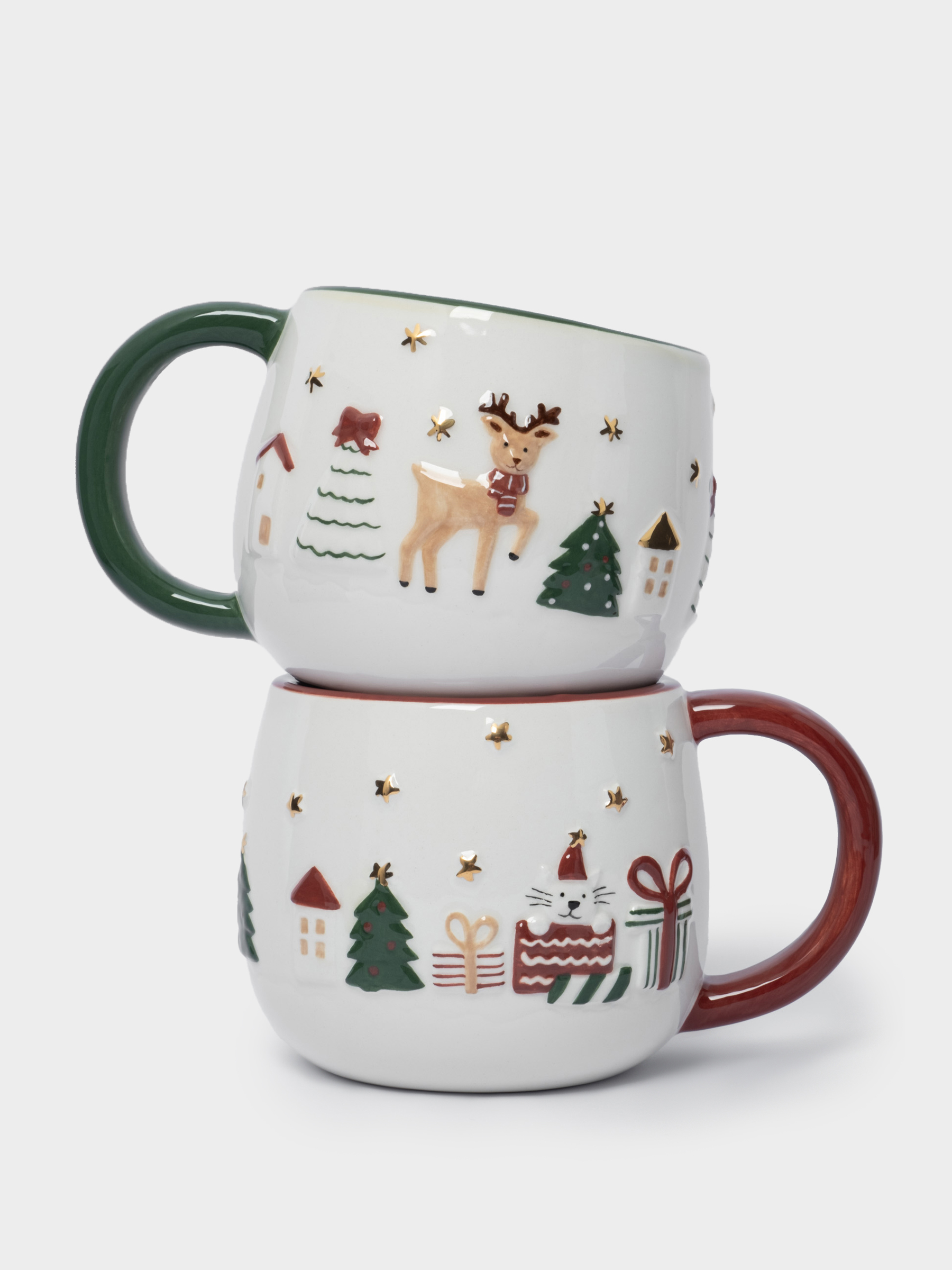 Кружка, 400 мл, 2 шт, керамика, зеленая/красная, Олень и Кот, New year