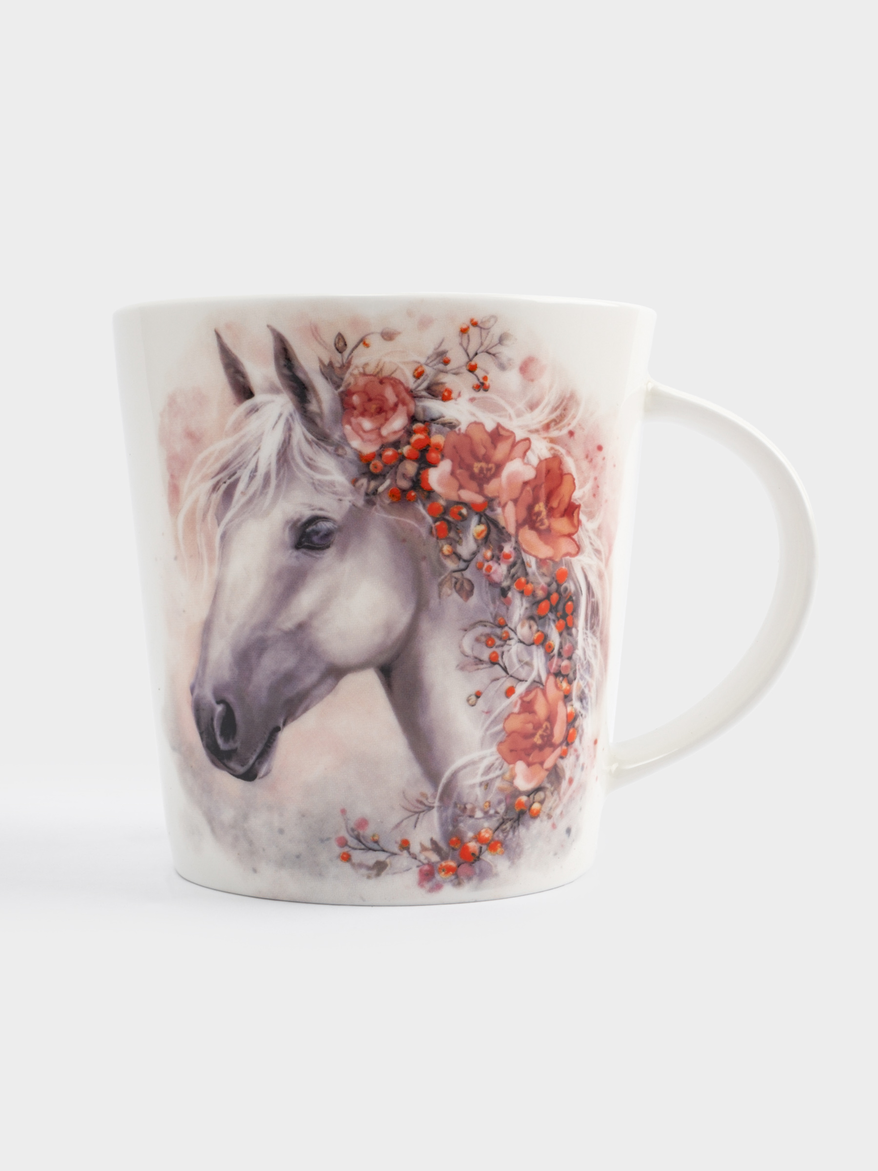 Кружка, 450 мл, фарфор F, белая, Лошадь с цветами, Horse