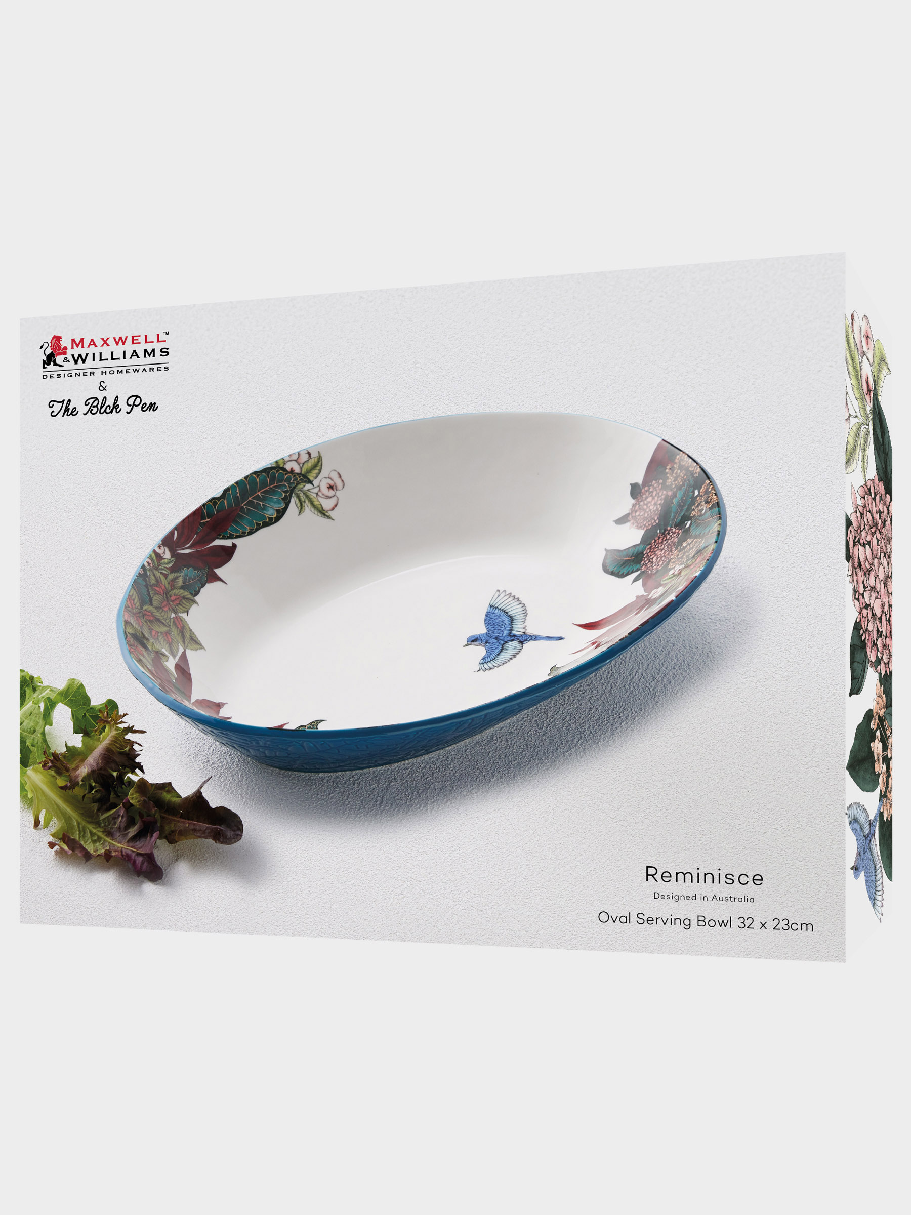 Салатник, 32х23 см, 1,5 л, керамика К, овальный, синий, Цветы и птица, Reminisce