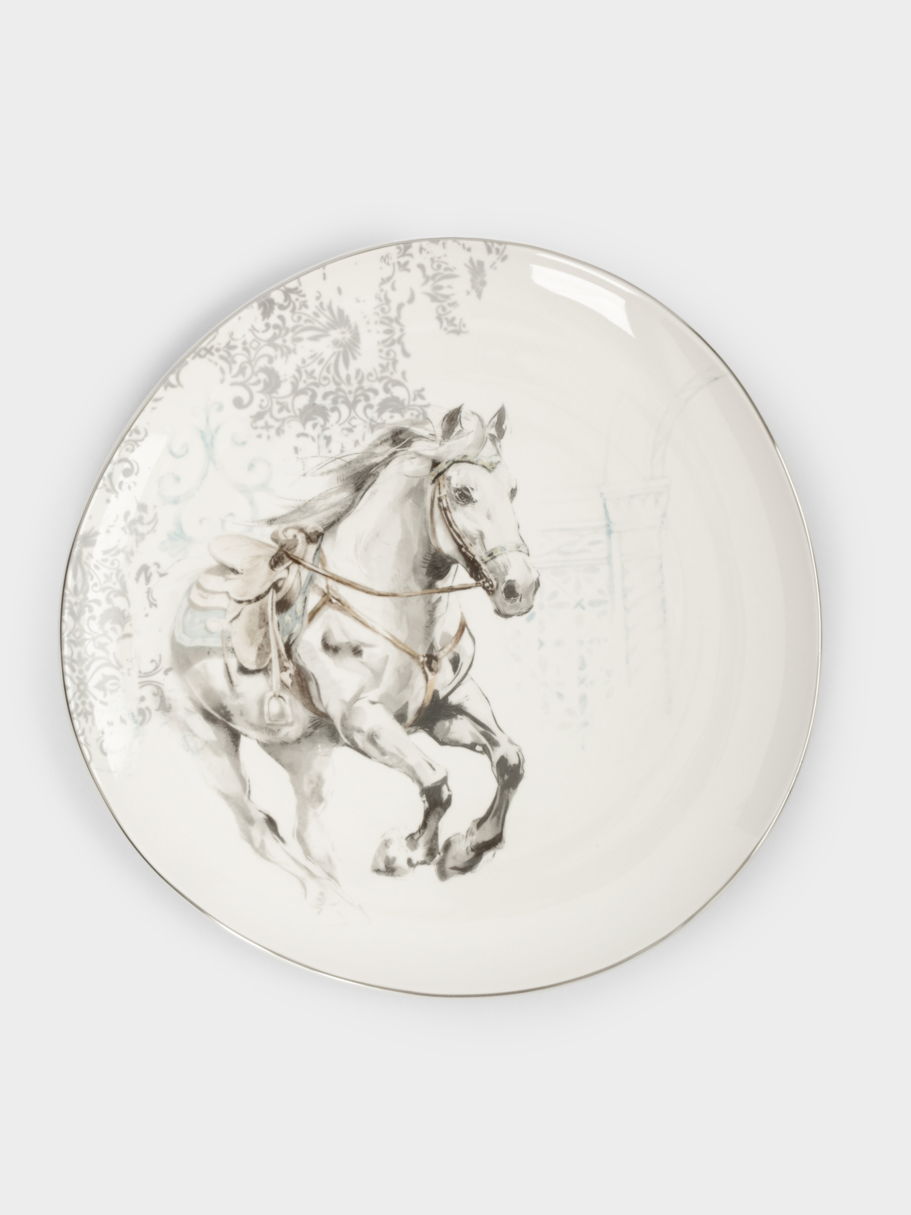 Тарелка обеденная, 28 см, фарфор N, белая, с серебристым кантом, Конь, White horse