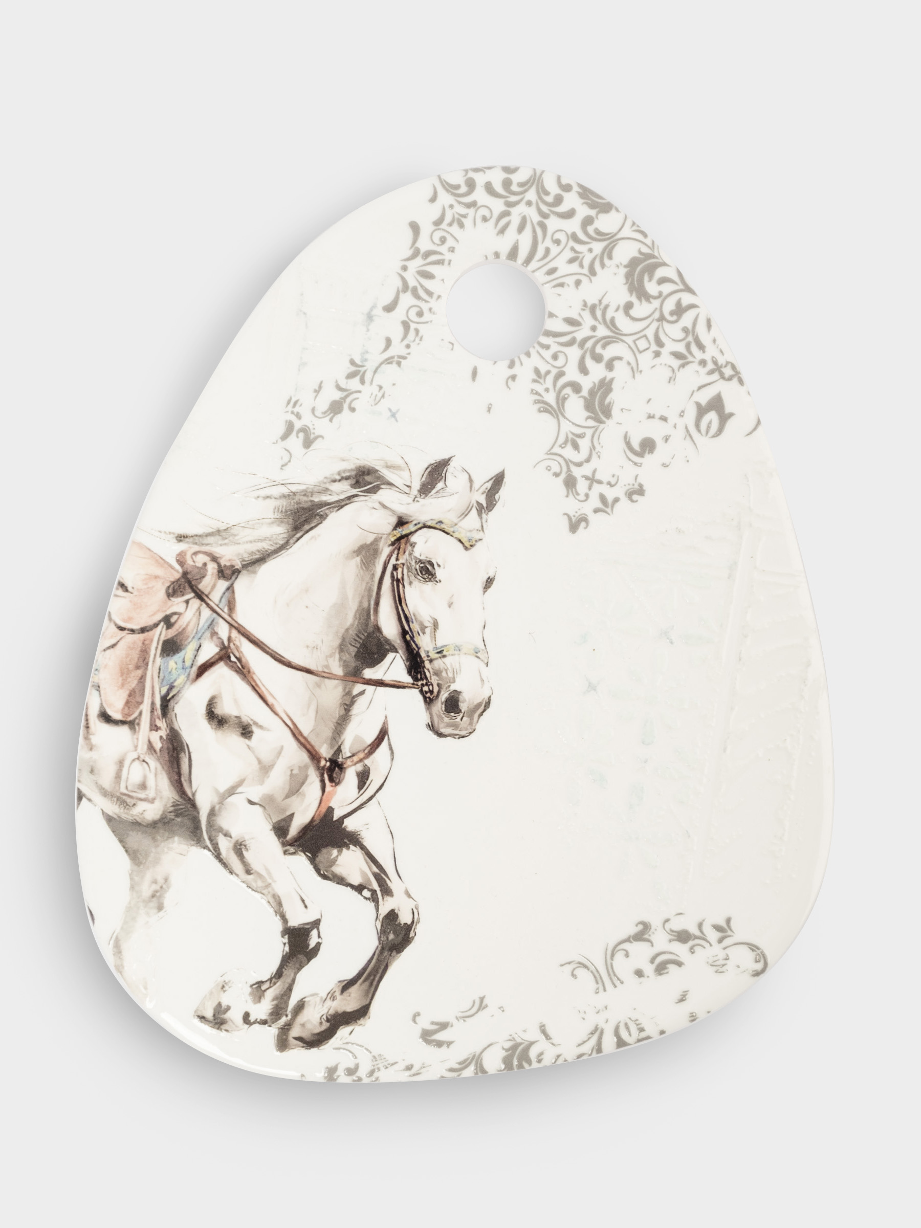 Подставка под горячее, 15x20 см, керамика/пробка, треугольник, белая, Конь, White horse