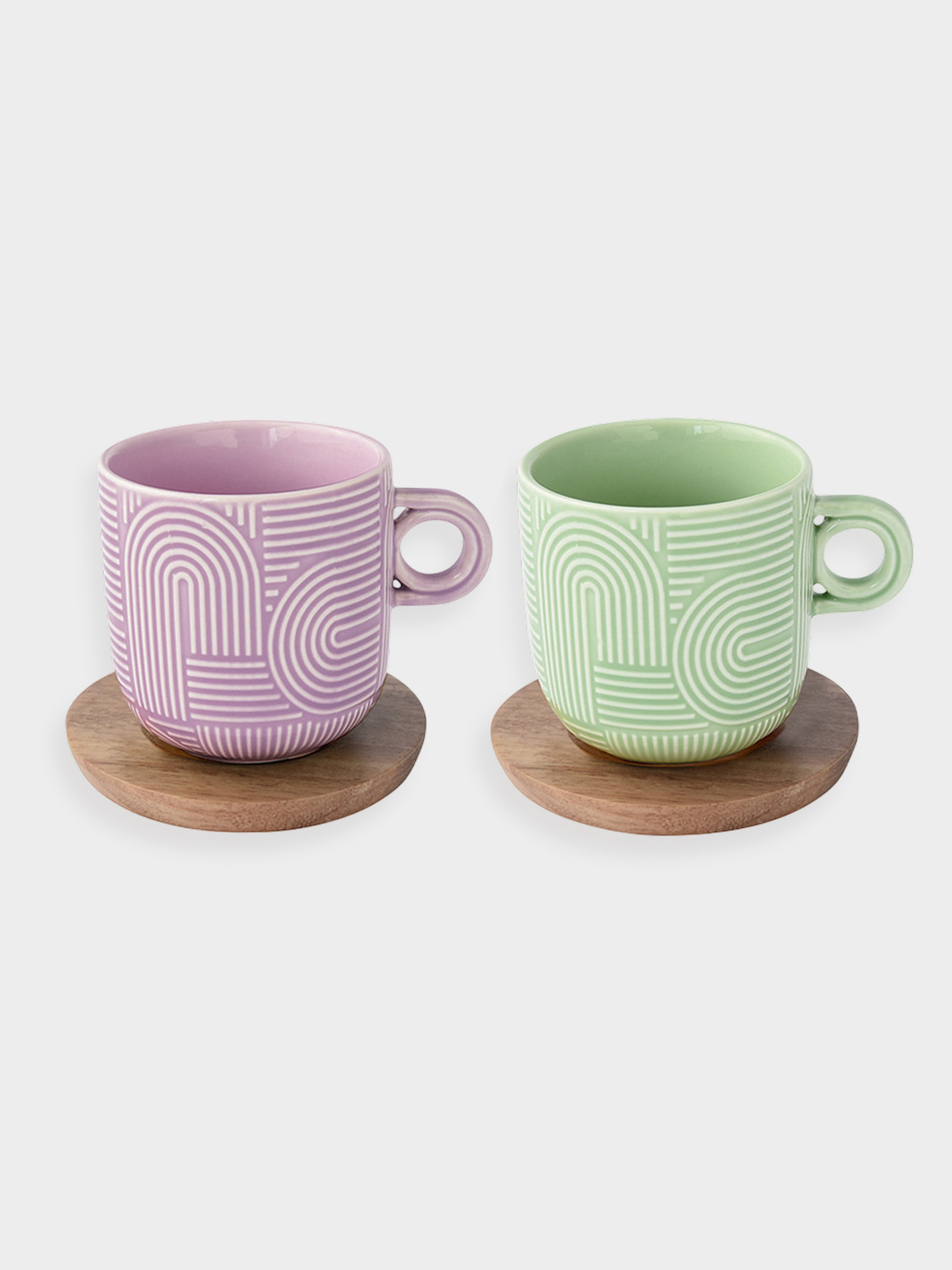 Набор чашек, 2 шт, 0.25 л, сиреневый, зелёный, на подставке, акация, Радуга