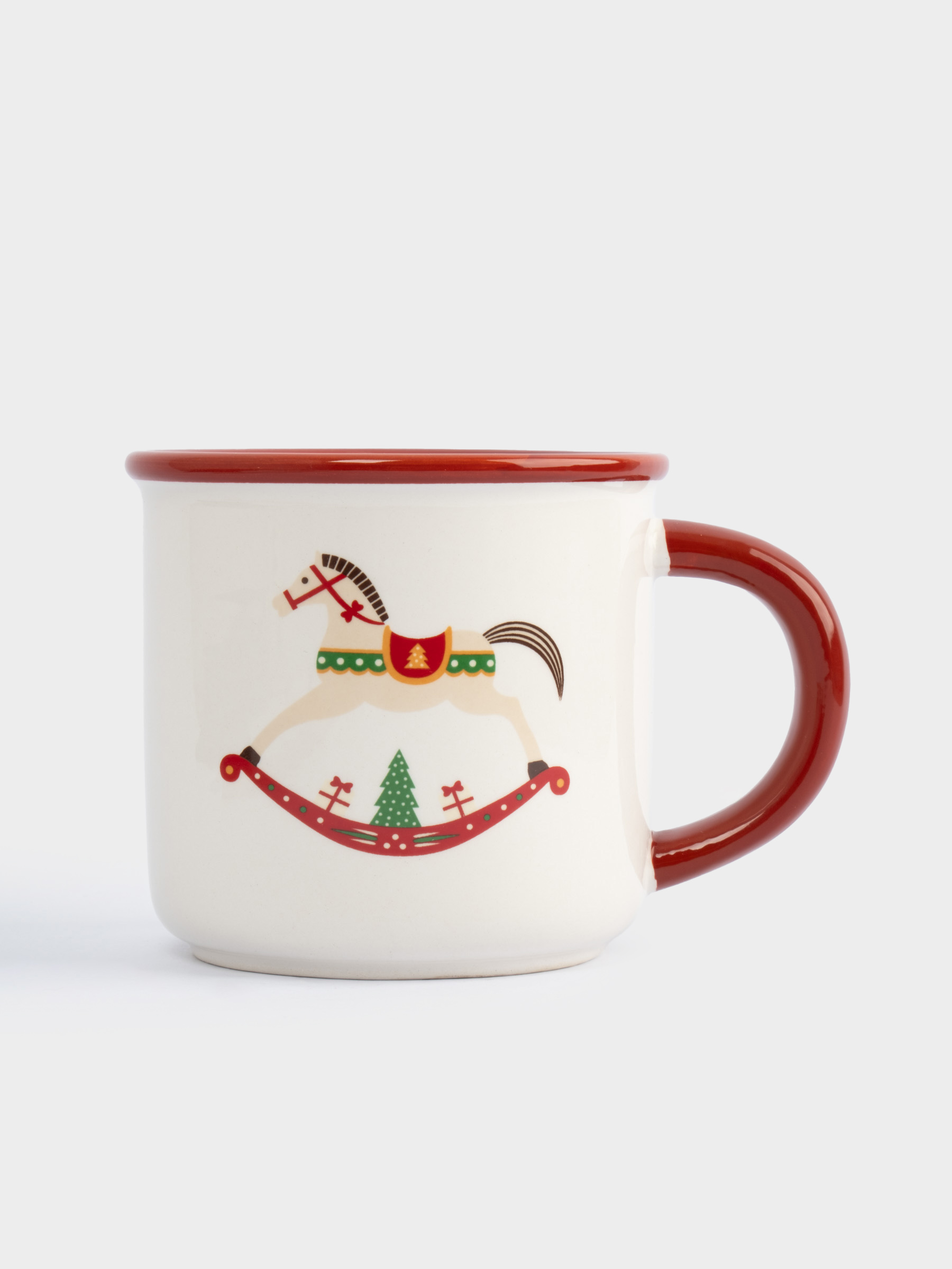Кружка, 470 мл, с ложкой, керамика/сталь, красная, Елка/Лошадка-качалка, Bright horse