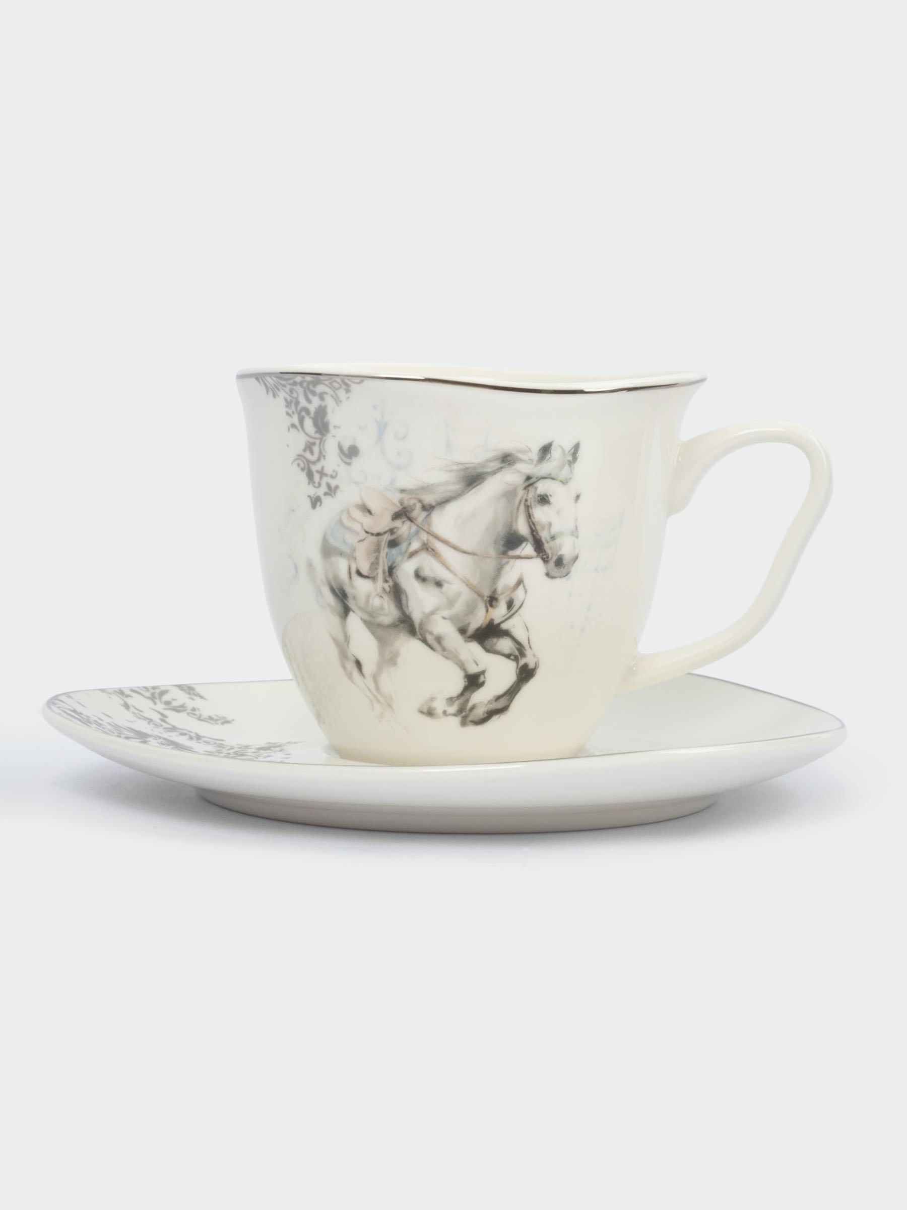 Пара чайная, 1 перс, 2 пр, 250 мл, фарфор N, белая, с серебристым кантом, Конь, White horse