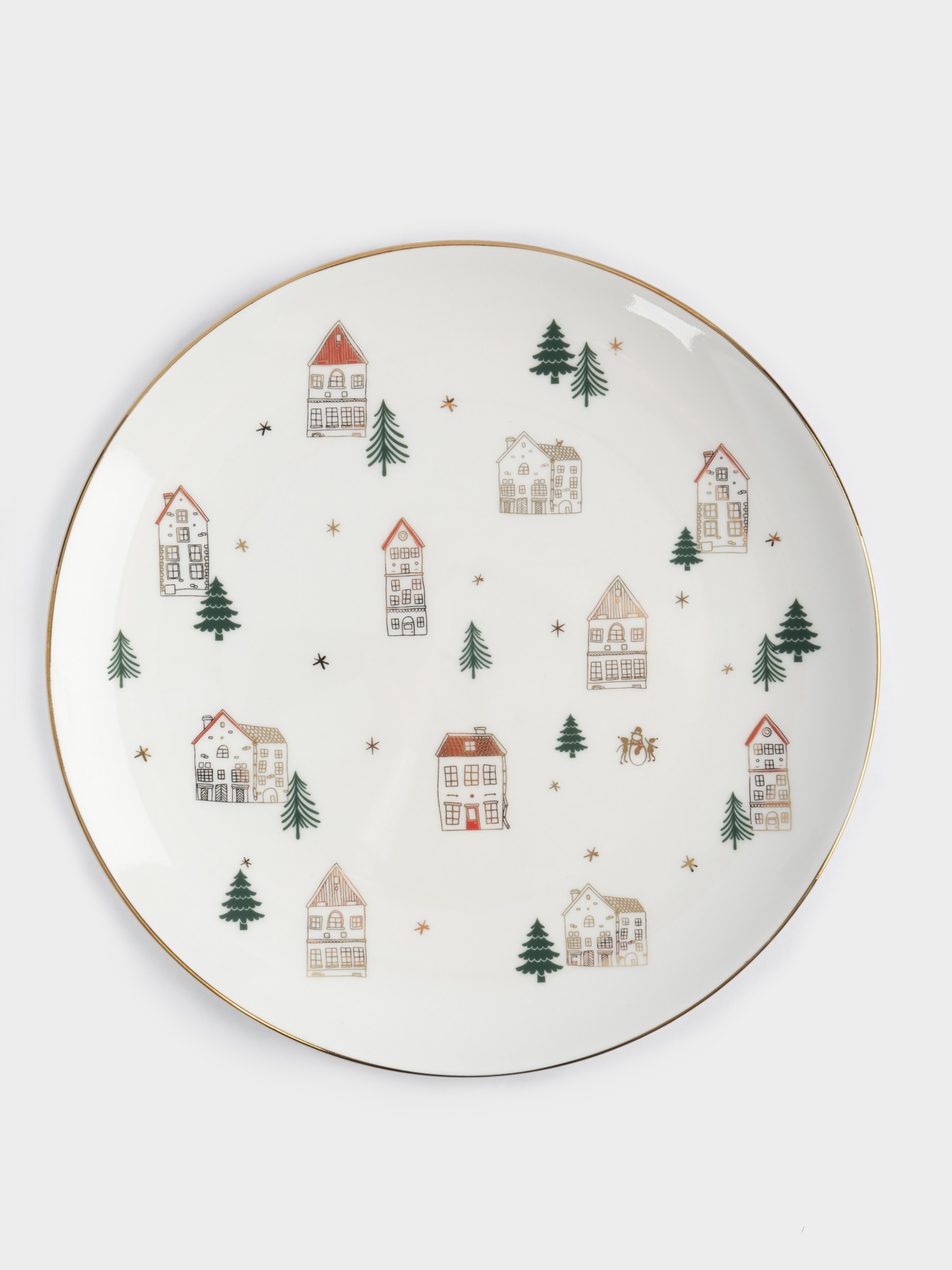 Тарелка обеденная, 27 см, фарфор N, бело-золотистая, Домики и ели, Townlet