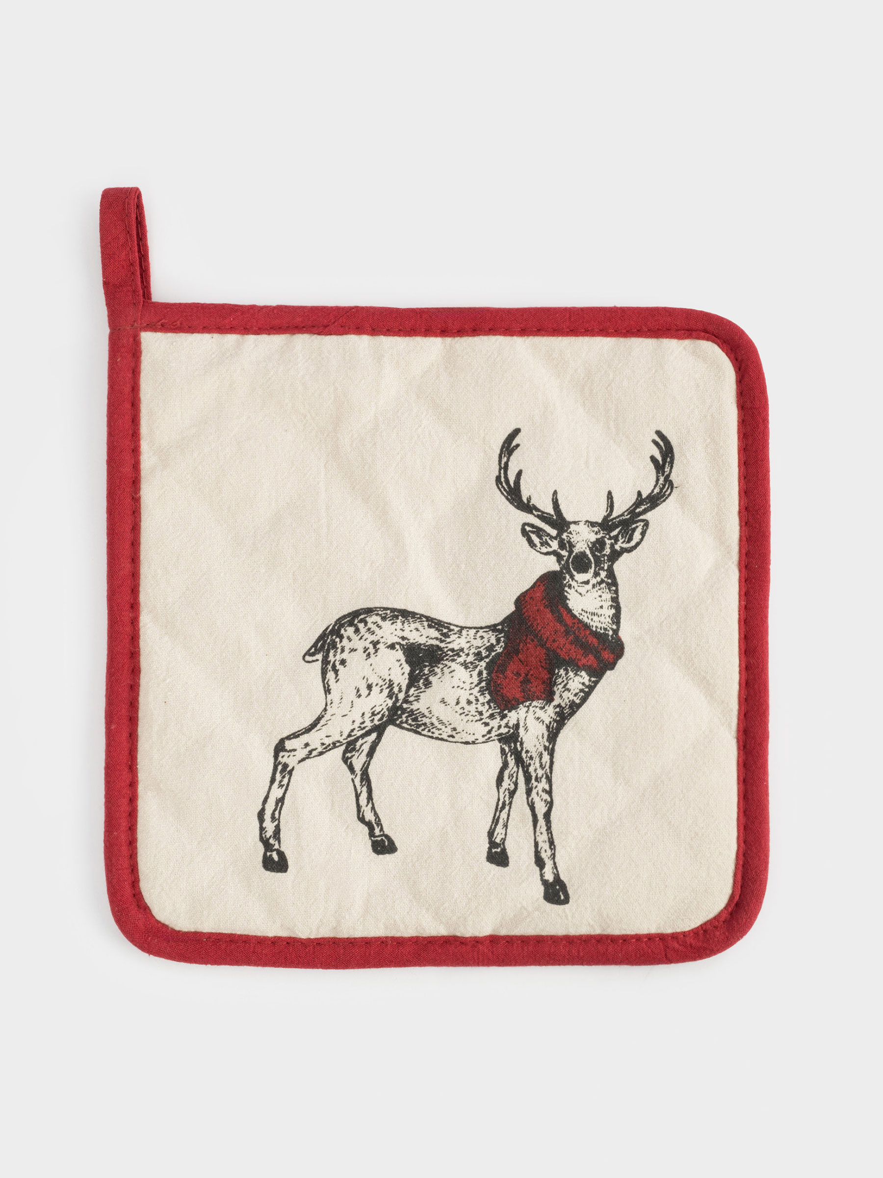Прихватка, 20x20 см, хлопок, серо-бежевая, Олень в шарфе, Deer