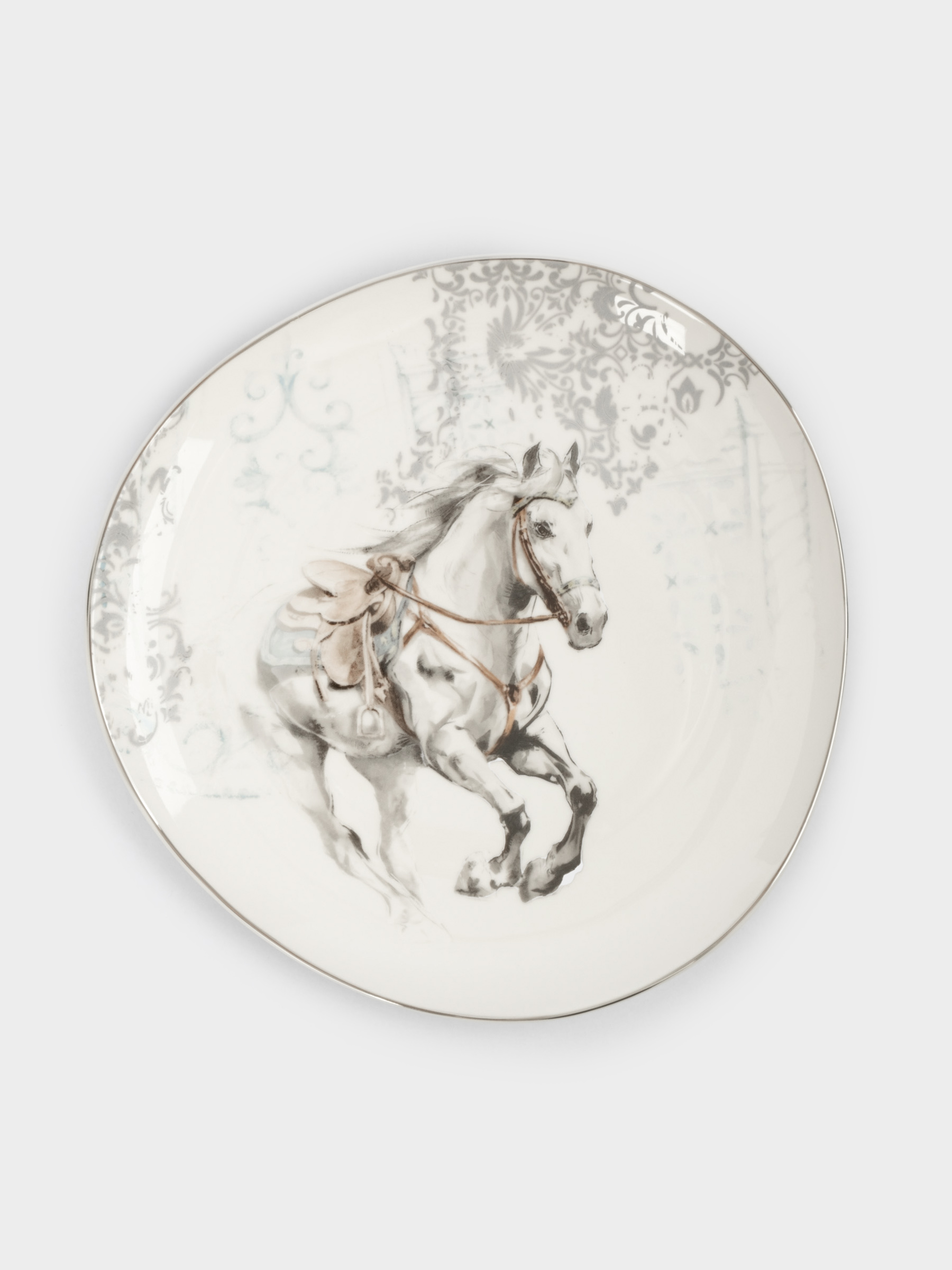 Тарелка закусочная, 21 см, фарфор N, белая, с серебристым кантом, Конь, White horse