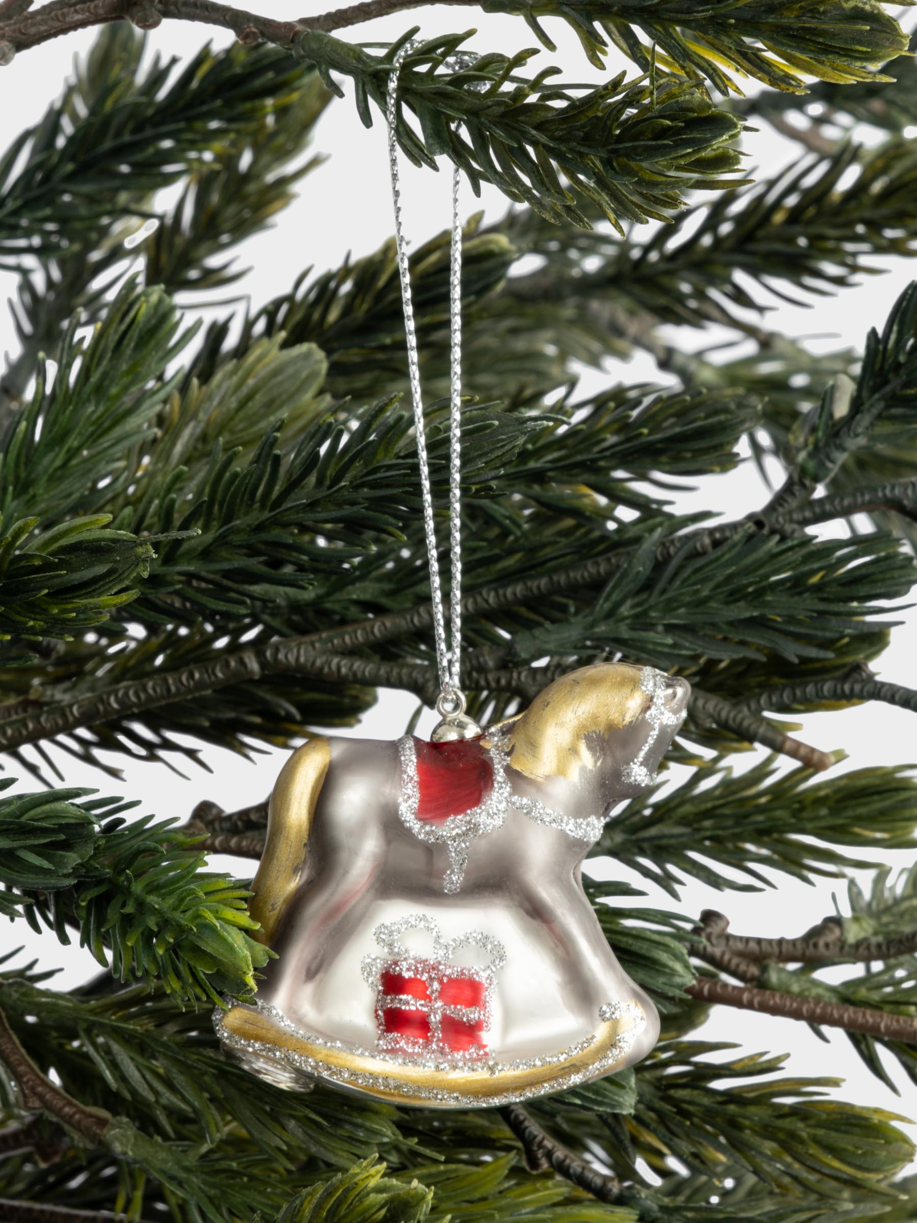 Игрушка елочная, 4 см, стекло, серебристая, Лошадка-качалка, Bright horse