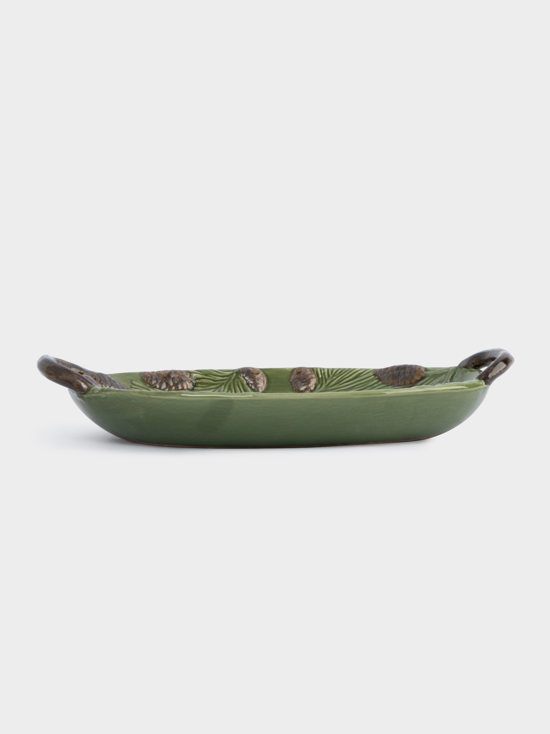 Блюдо, 29х19 см, с ручками, керамика, зеленое, Шишки на еловой ветке, Fir branch