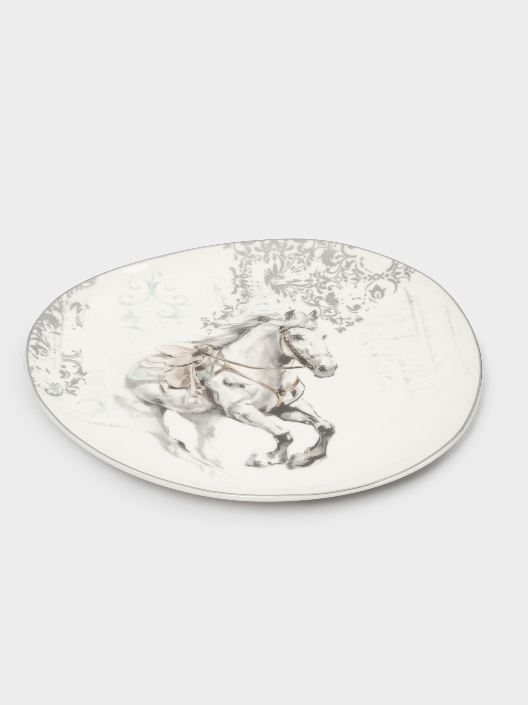 Тарелка закусочная, 21 см, фарфор N, белая, с серебристым кантом, Конь, White horse