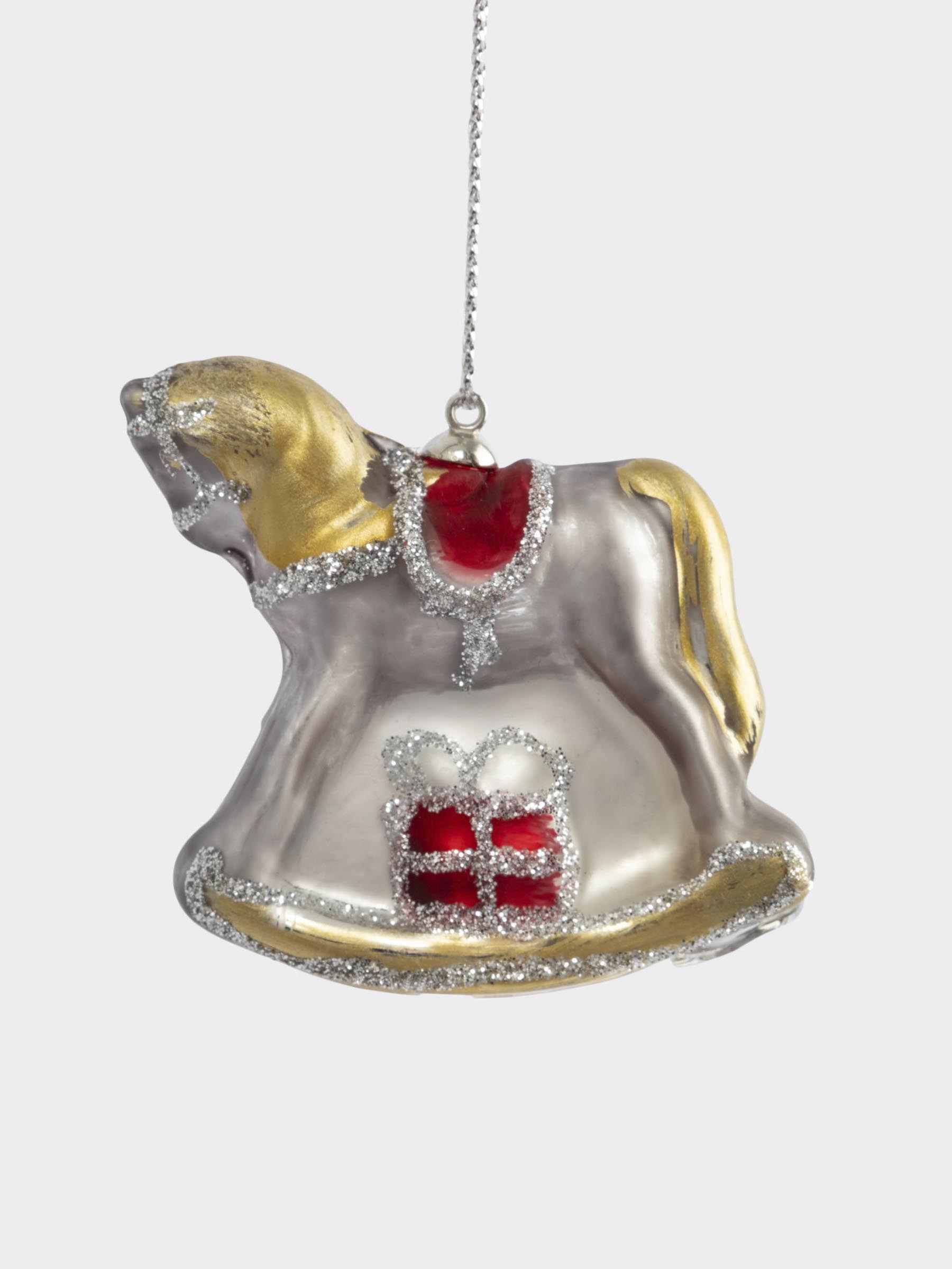 Игрушка елочная, 4 см, стекло, серебристая, Лошадка-качалка, Bright horse