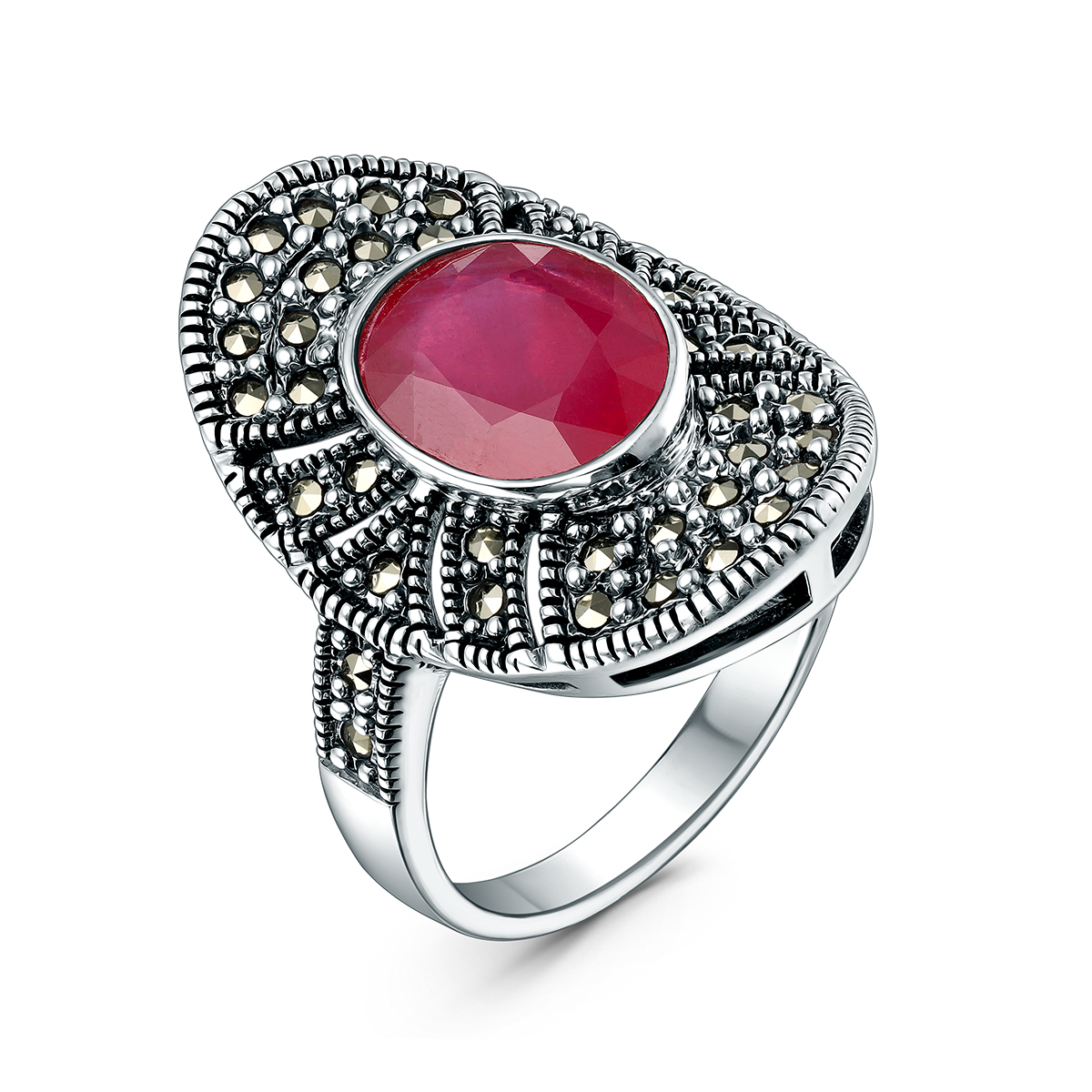 Кольцо из чернёного серебра с рубином и марказитами HR0015-RM1