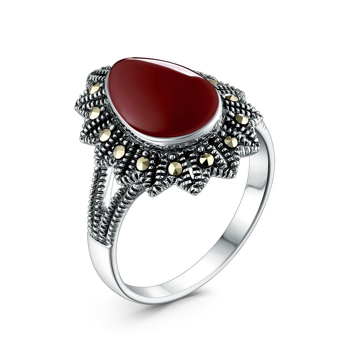 Кольцо из чернёного серебра с синтетическим агатом и марказитами 925 пробы GAR3140ак