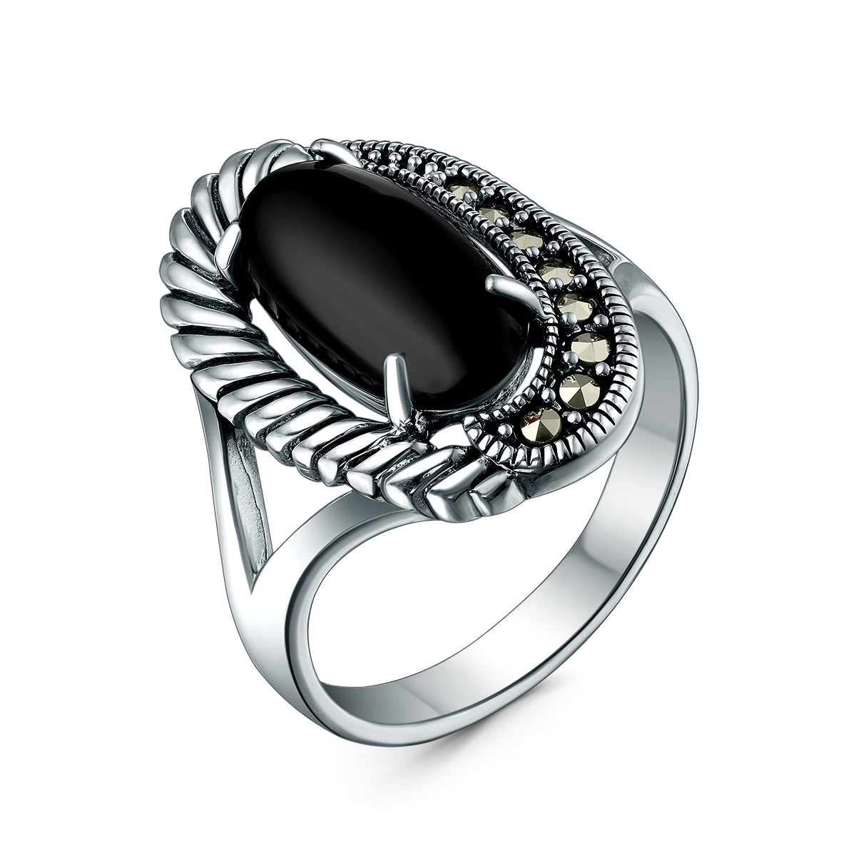 Кольцо из чернёного серебра с ониксом и марказитами HR1512-ON