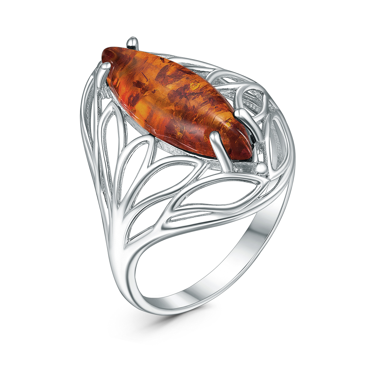 Кольцо из серебра с коньячным янтарём родированное 925 пробы КП5р640