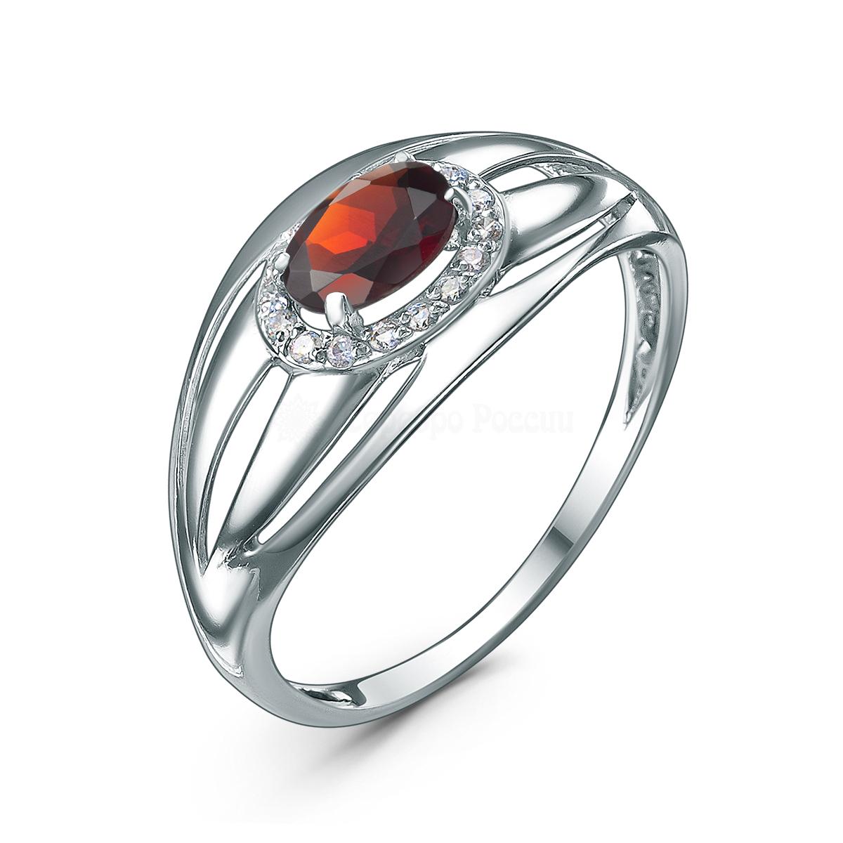 Кольцо из серебра с гранатом и фианитами родированное 1-4729-001