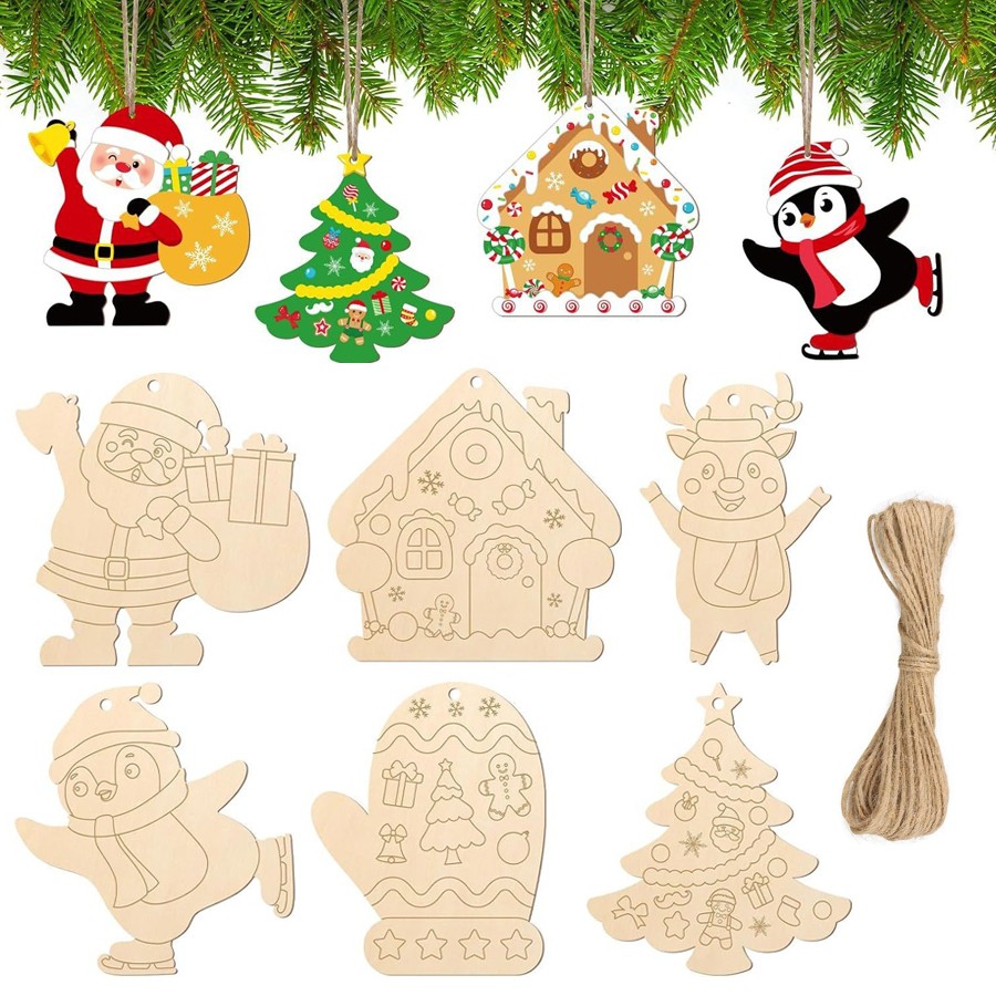 Новогодние елочные игрушки-заготовки из дерева для раскрашивания, Набор 6 штук (Высота 10 см.) с веревками