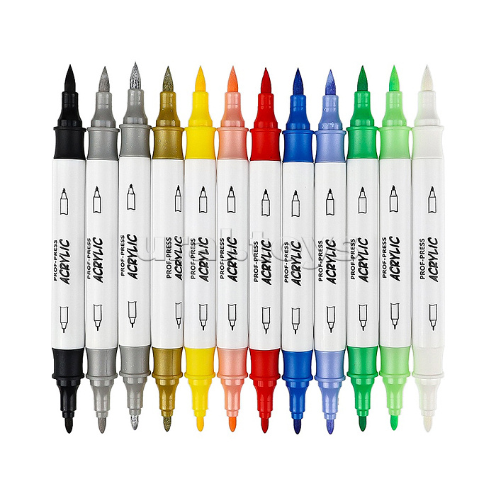 Акриловые маркеры двусторонние набор 12 шт. 1 белый цв., 2 металлик цв., в к/к