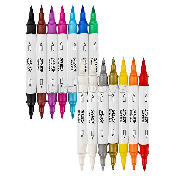 Акриловые маркеры двусторонние набор 14 шт. 2 белых цв., 2 металлик цв., в к/к