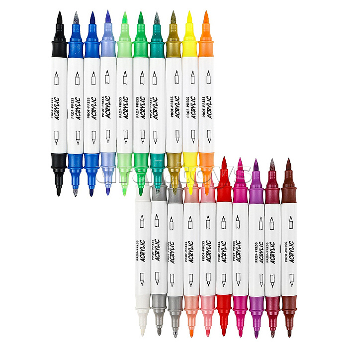 Акриловые маркеры двусторонние набор 20 шт. 1 белый цв., 5 металлик цв., в к/к