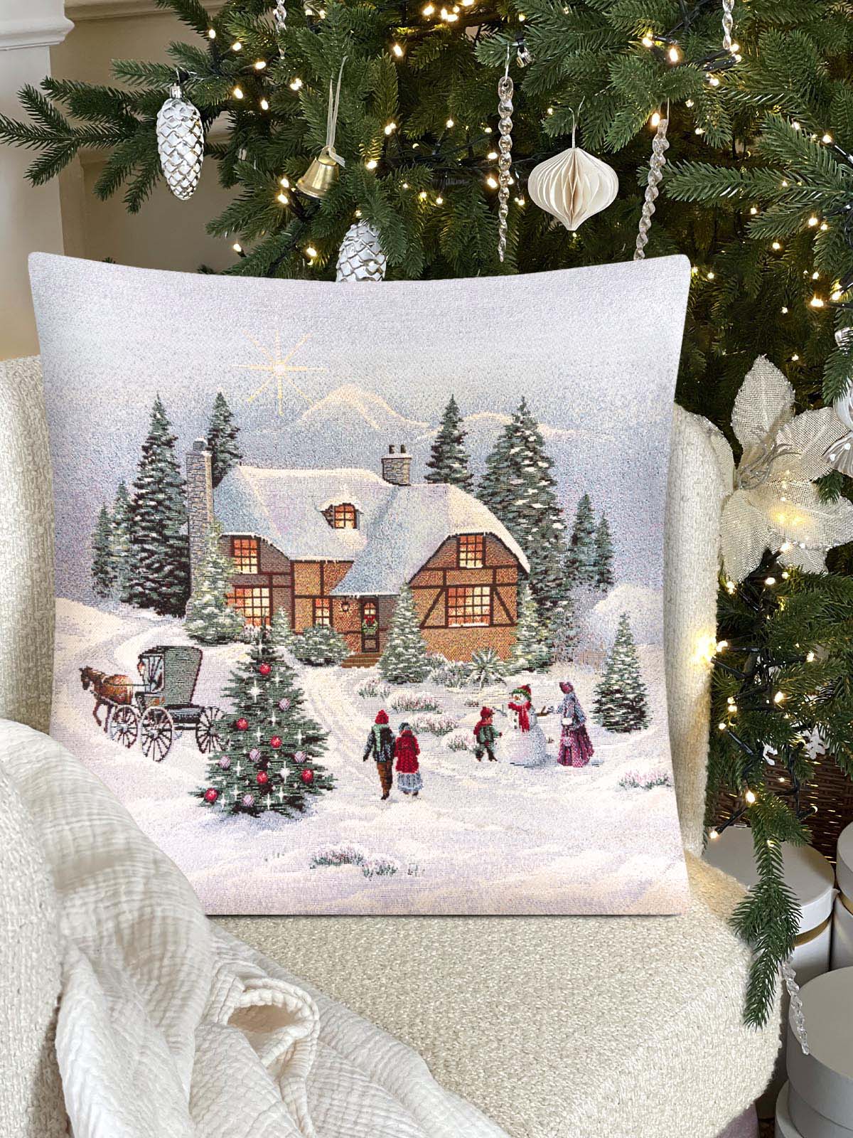 Новогодний вечер голубой фон Карета Наволочка 45х45 см 2100595