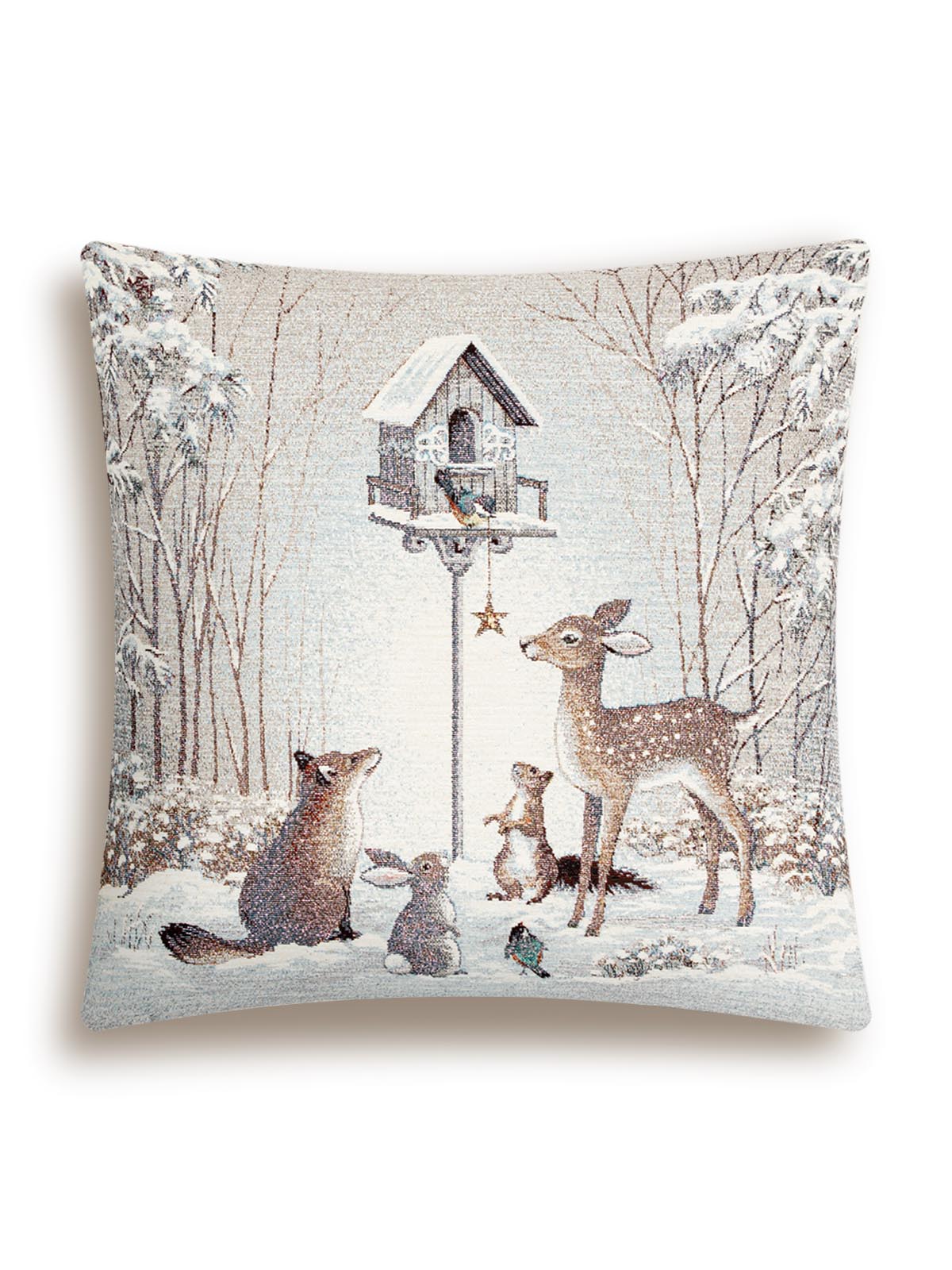 Лесные друзья у кормушки Наволочка 45х45 см шенилл 2123914 серебро