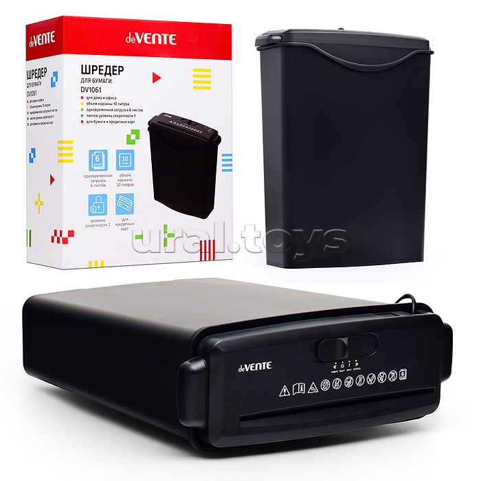 Шредер для бумаги DV1061 308x130x371 мм, 10 литров, вес 1,5 кг, одновременная загузка 6 листов, уровень секретности 1, для бумаги и кредитных карт,