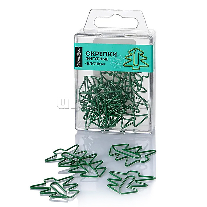 Скрепки-ёлочка L33 мм, 12 шт. пластиковая коробка, европодвес, зеленые