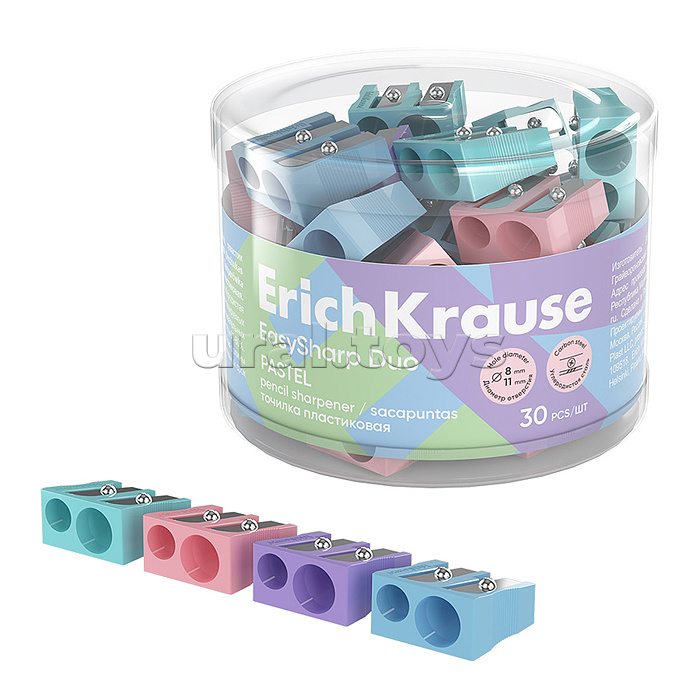 Точилка пластиковая EasySharp Duo, Pastel ассорти (в тубусе по 30 шт)