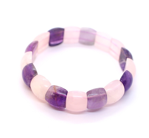 10-215 Браслет на резинке розовый кварц/аметист пластины 15 мм