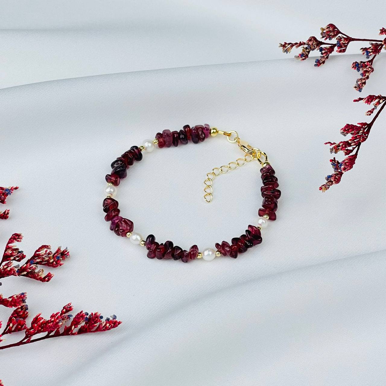 Радуга Самоцветов Браслет из Граната и Жемчуга