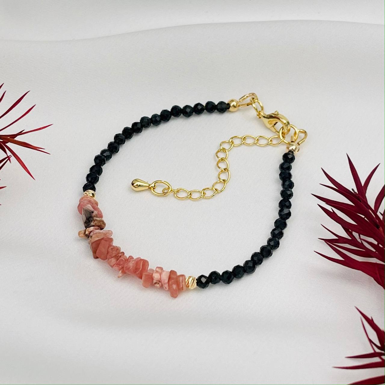 Радуга Самоцветов Браслет из Обсидиана и Родохрозита