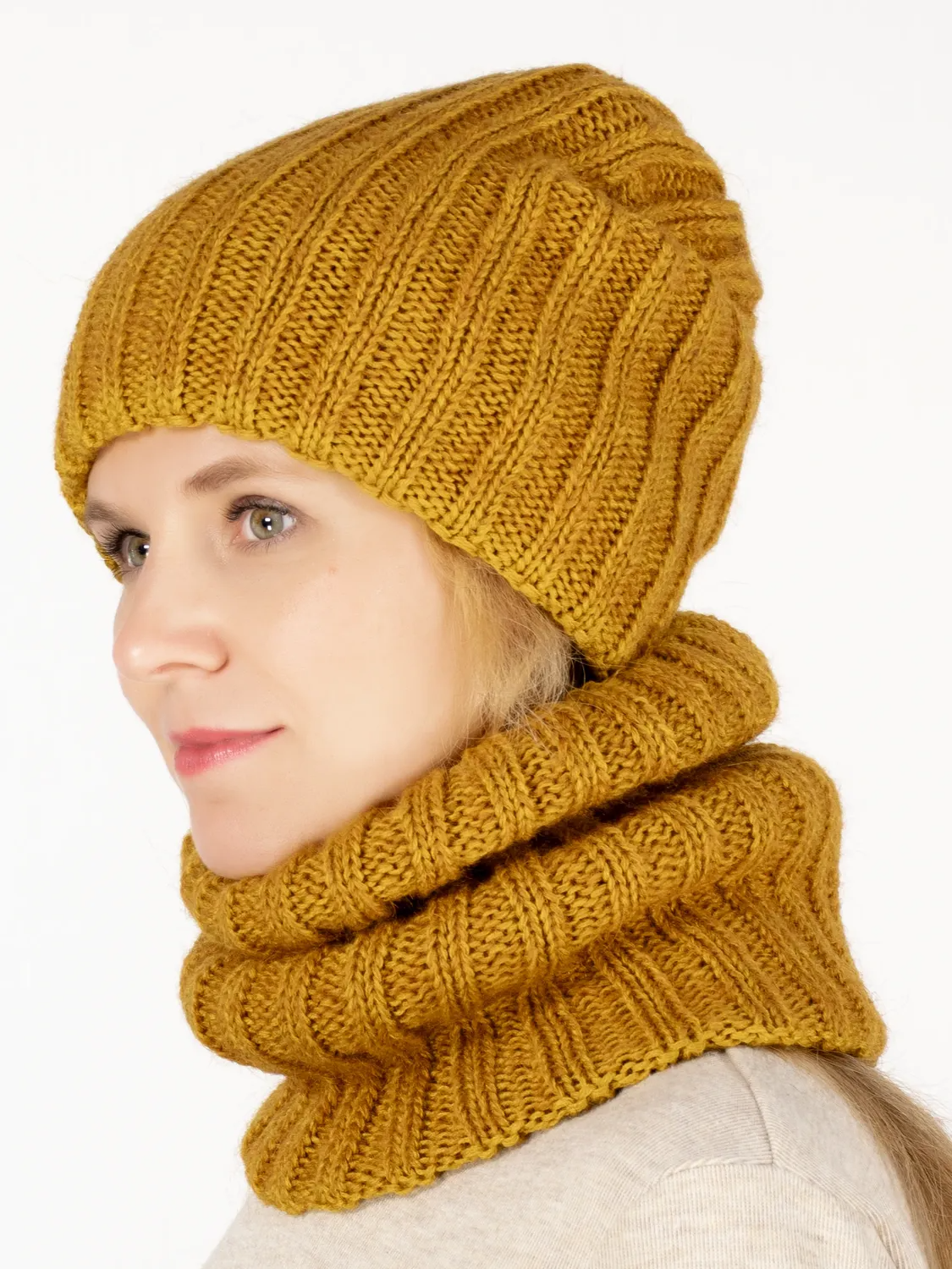Комплект зимний женский шапка+снуд Жасмин (Цвет охра), размер 56-58, шерсть 50%, мохер 30%