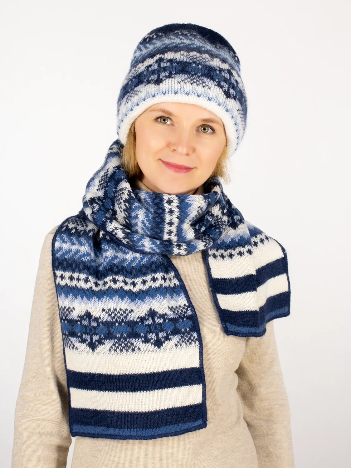 Комплект зимний женский шапка+шарф Дарья (Цвет синий), размер 56-58, шерсть 50%, мохер 30%