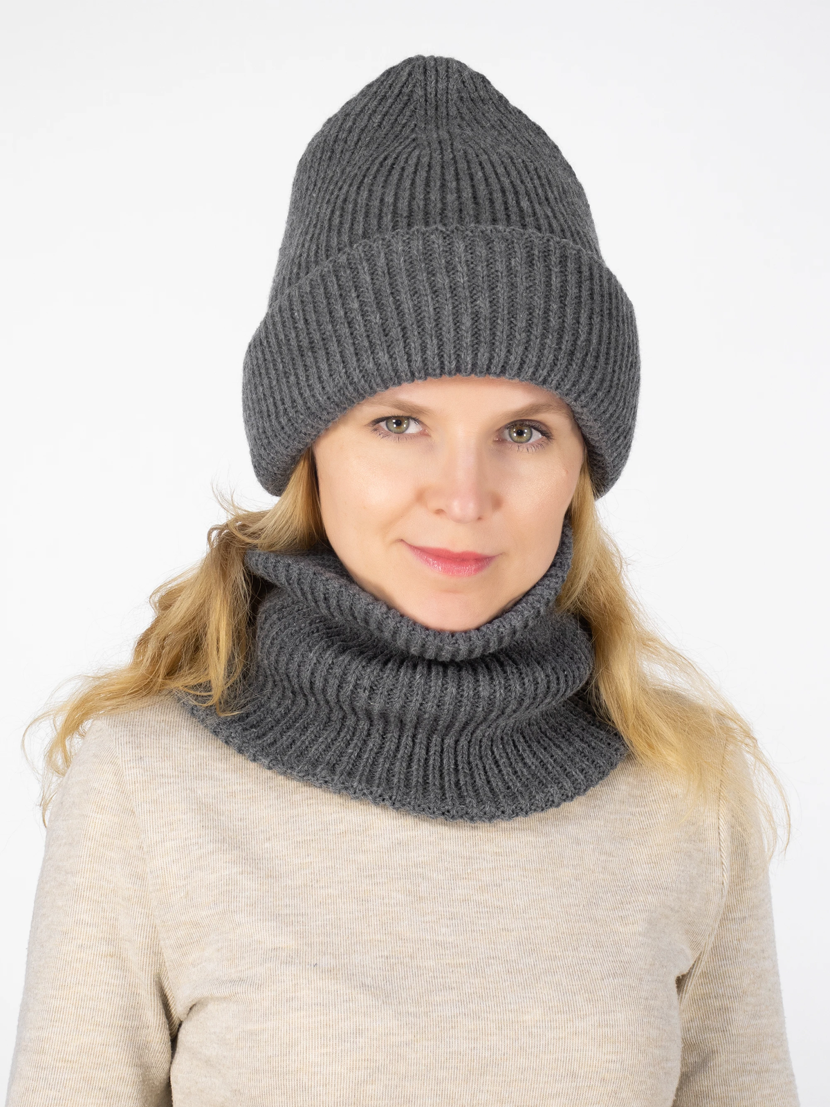 Комплект зимний женский шапка+снуд Monro (Цвет темно-серый), размер 56-58, шерсть 70%