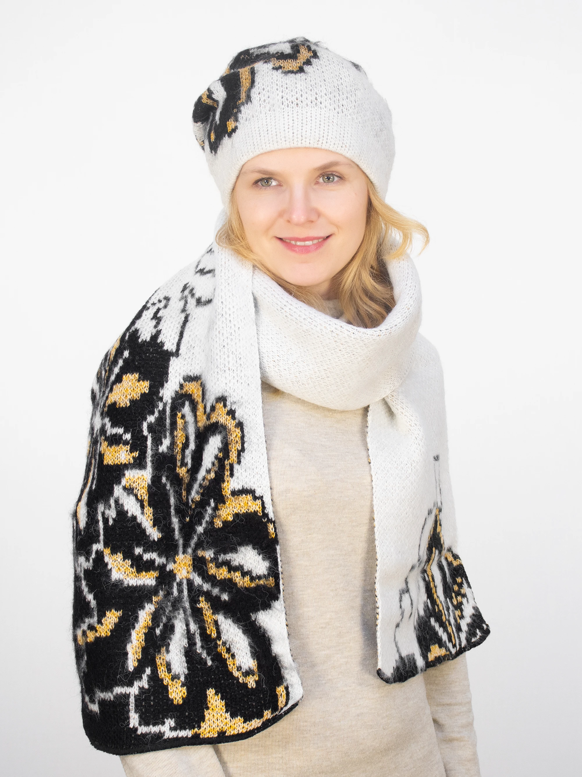 Комплект зимний женский шапка+шарф Камилла (Цвет белый), размер 52-54, шерсть 80%